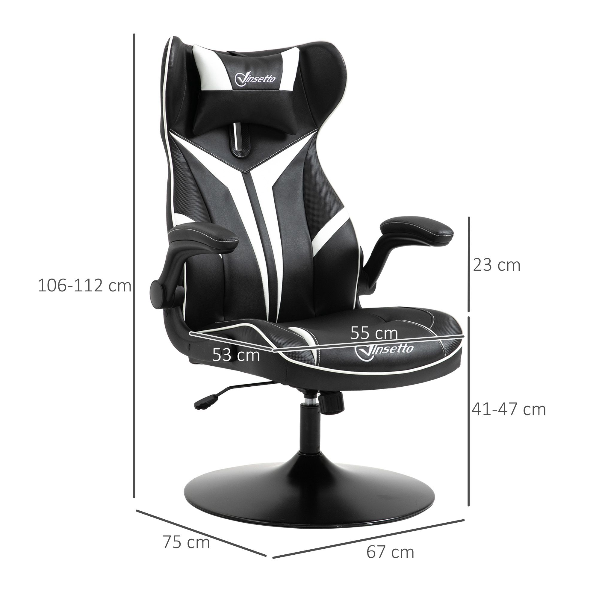 Gaming Stuhl ergonomischer Computerstuhl mit Wippfunktion Drehstuhl höhenverstellbar Stahl Schwarz+Weiß 67 x 70 x 106-112 cm