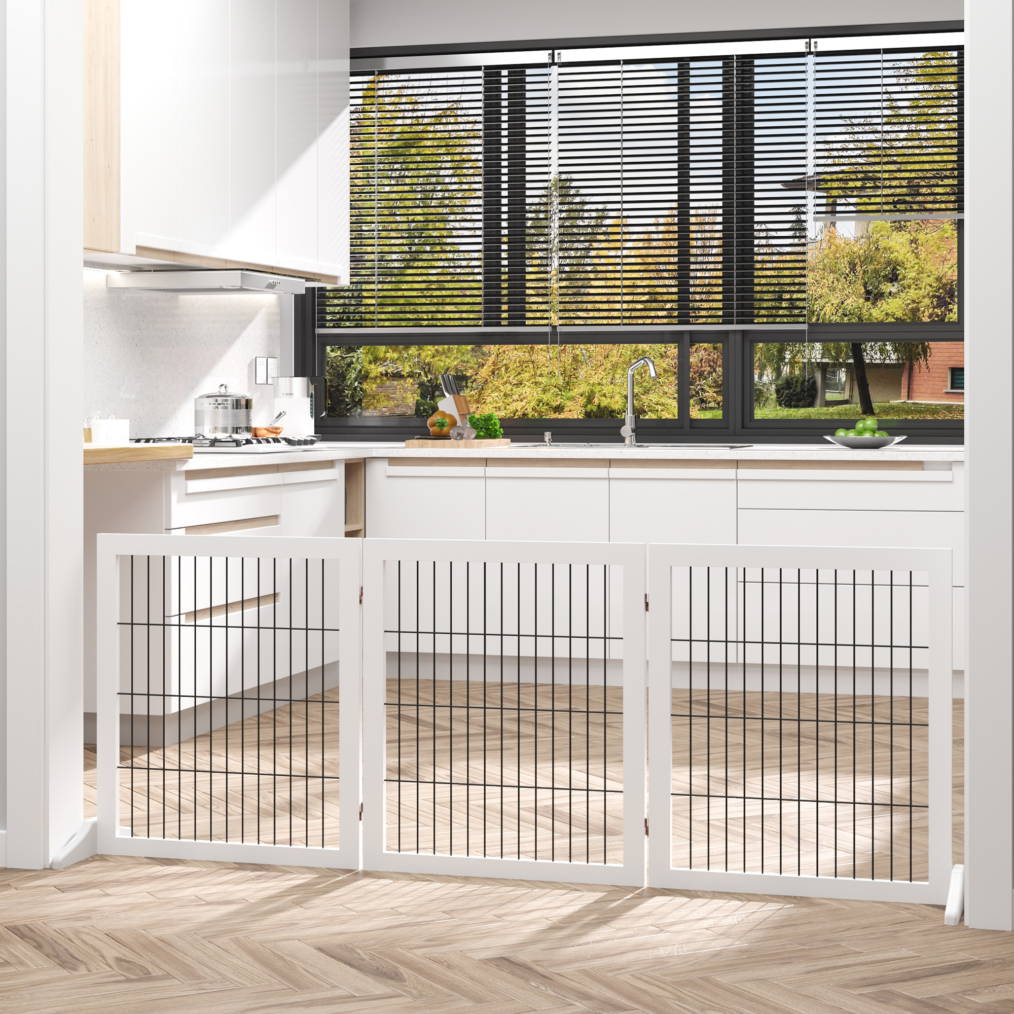 Absperrgitter für Hunde Schutzgitter Hundegitter mit Stützfüßen Treppengitter Hundeabsperrgitter Türschutzgitter für Kamin & Ofen, Kiefernholz Weiß 185 x 36 x 71 cm