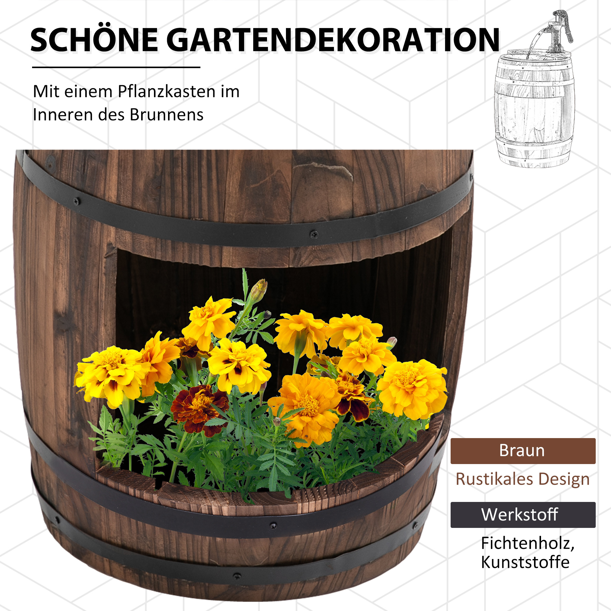 Gartenbrunnen Zierbrunnen Springbrunnen Fassbrunnen Wasserfall Holzfass mit Pflanzgefäß Tannenholz Dunkelbraun Ø27 x 59 cm