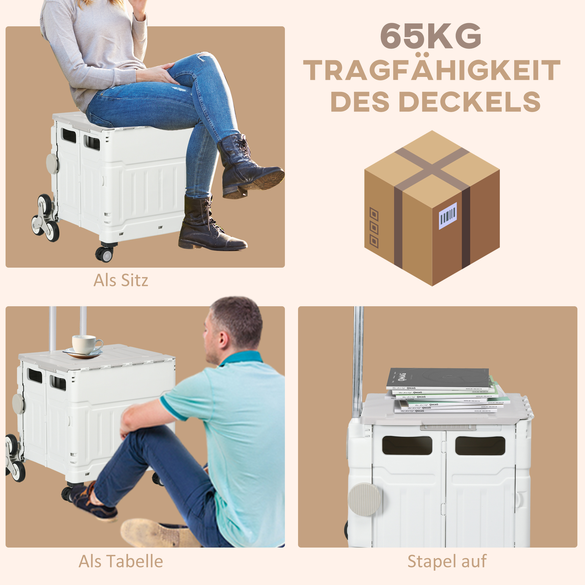 Einkaufstrolley Treppensteiger Mobile Transportbox,  klappbar, Teleskopgriff, bis max, 65 Kilo belastbar, Weiß