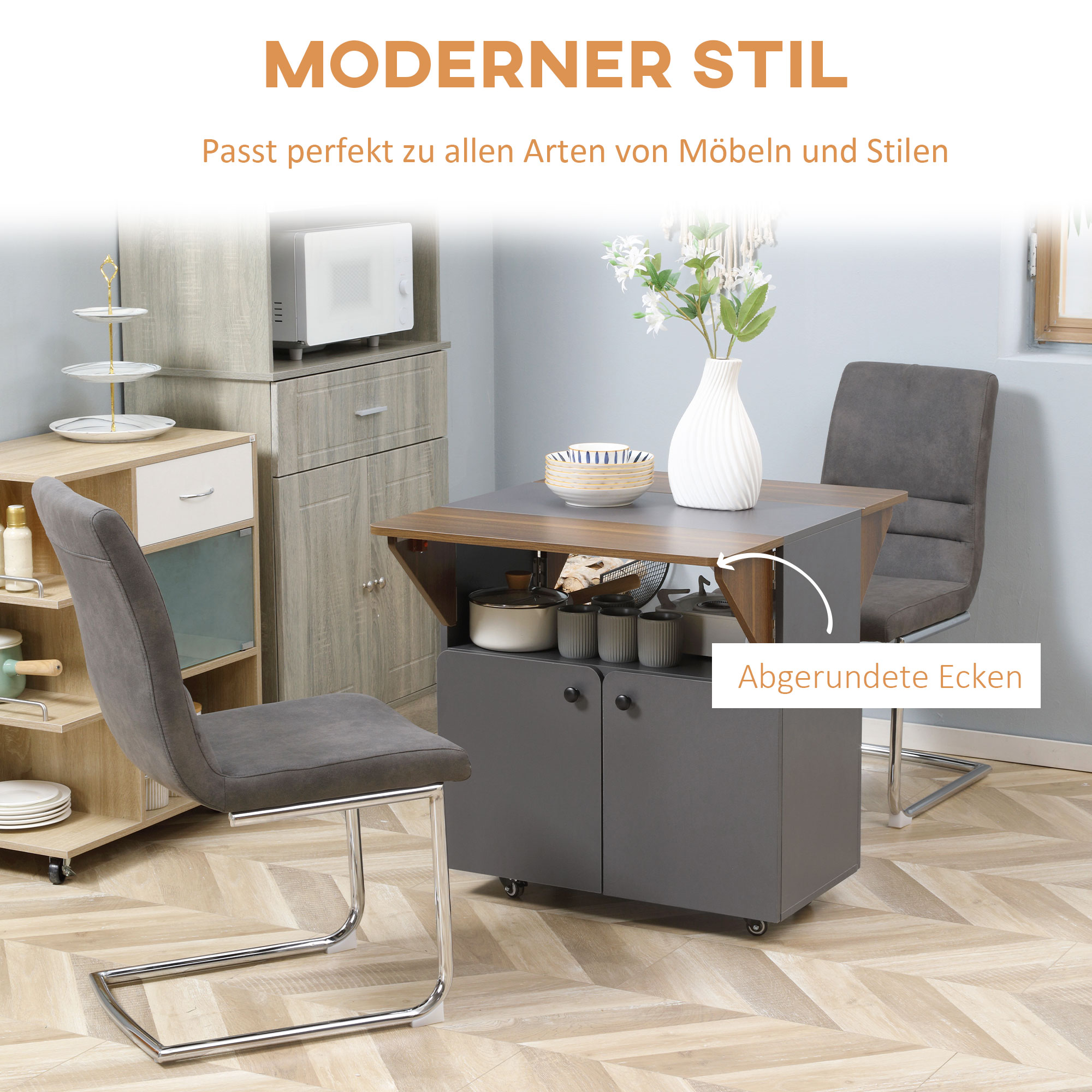 Klapptisch Rollschrank, zwei klappbare Tischseiten, Schrankfach, 4 Rollen, Hellgrau+Dunkelbraun, 70 x 83 x 75cm