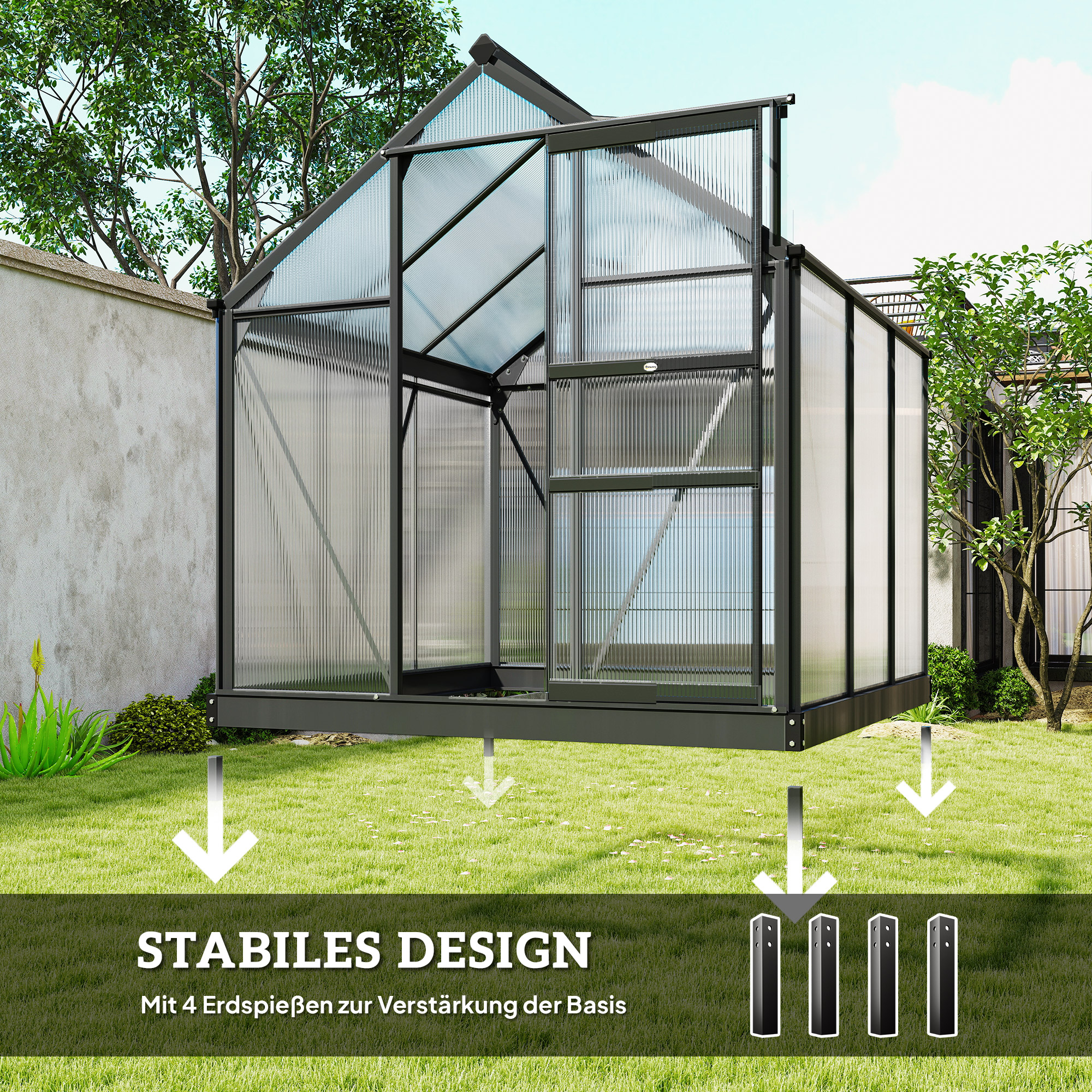 Gewächshaus Aluminium 3,65m² 190x192x201cm mit Fundament Dachfenster Schiebetür 4 mm Platten, UV-beständig