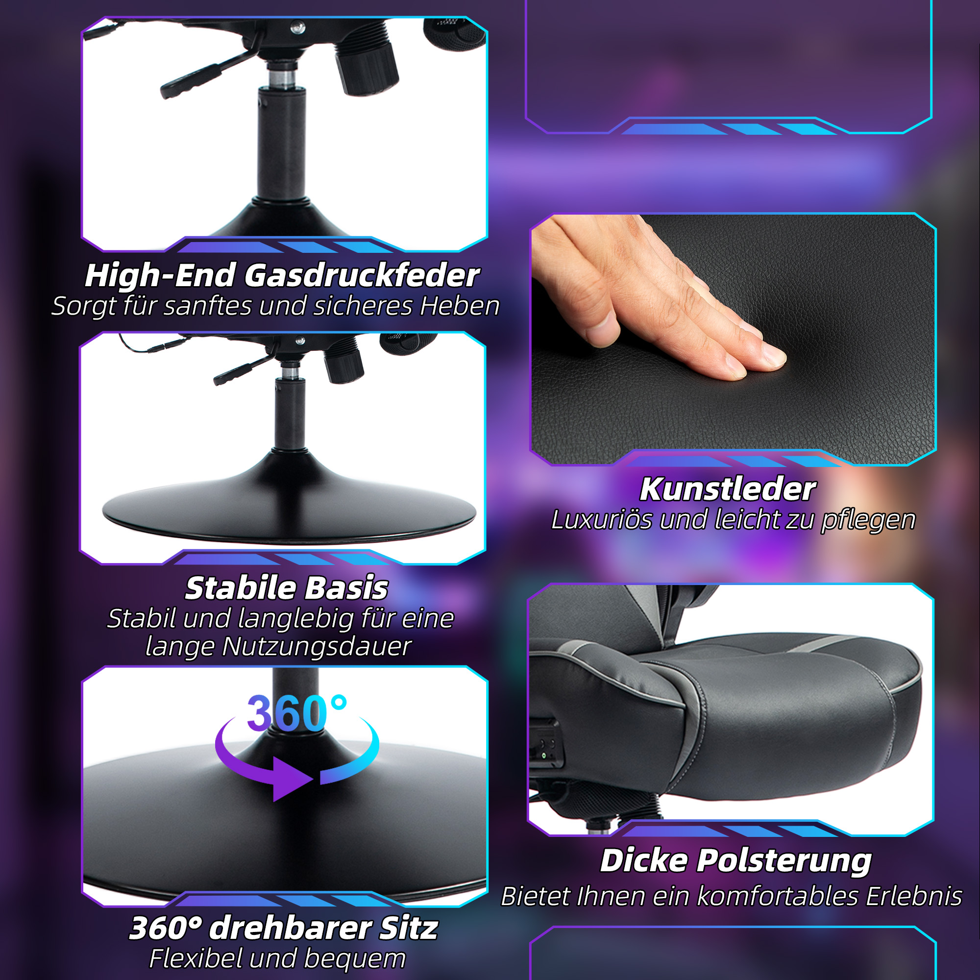 Gaming Stuhl mit Schaukelfunktion und Lautsprecher, Lenden- und Nackenstütze, für Spielzimmer, Kunstleder, Grau+Schwarz