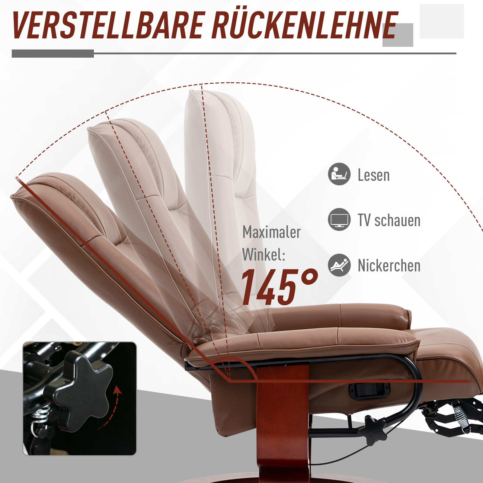 Relaxsessel, 145° neigbar, verstellbare Fußstütze, Kunstleder, 360° drehbar, bis 120 kg, Braun