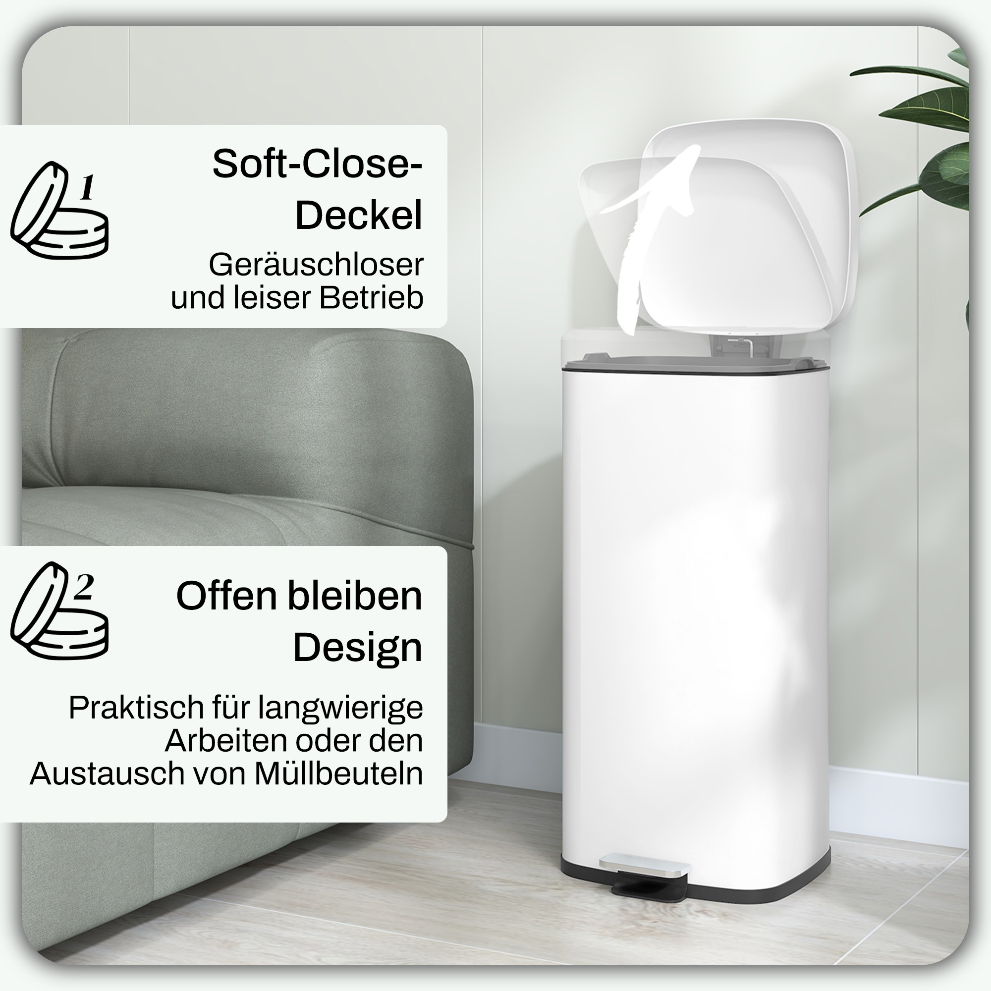 Mülleimer 30L, Soft-Close-Deckel, Fingerabdrucksicher, Fußpedal, Metall/Kunststoff, 28x35x63,5 cm, Weiß