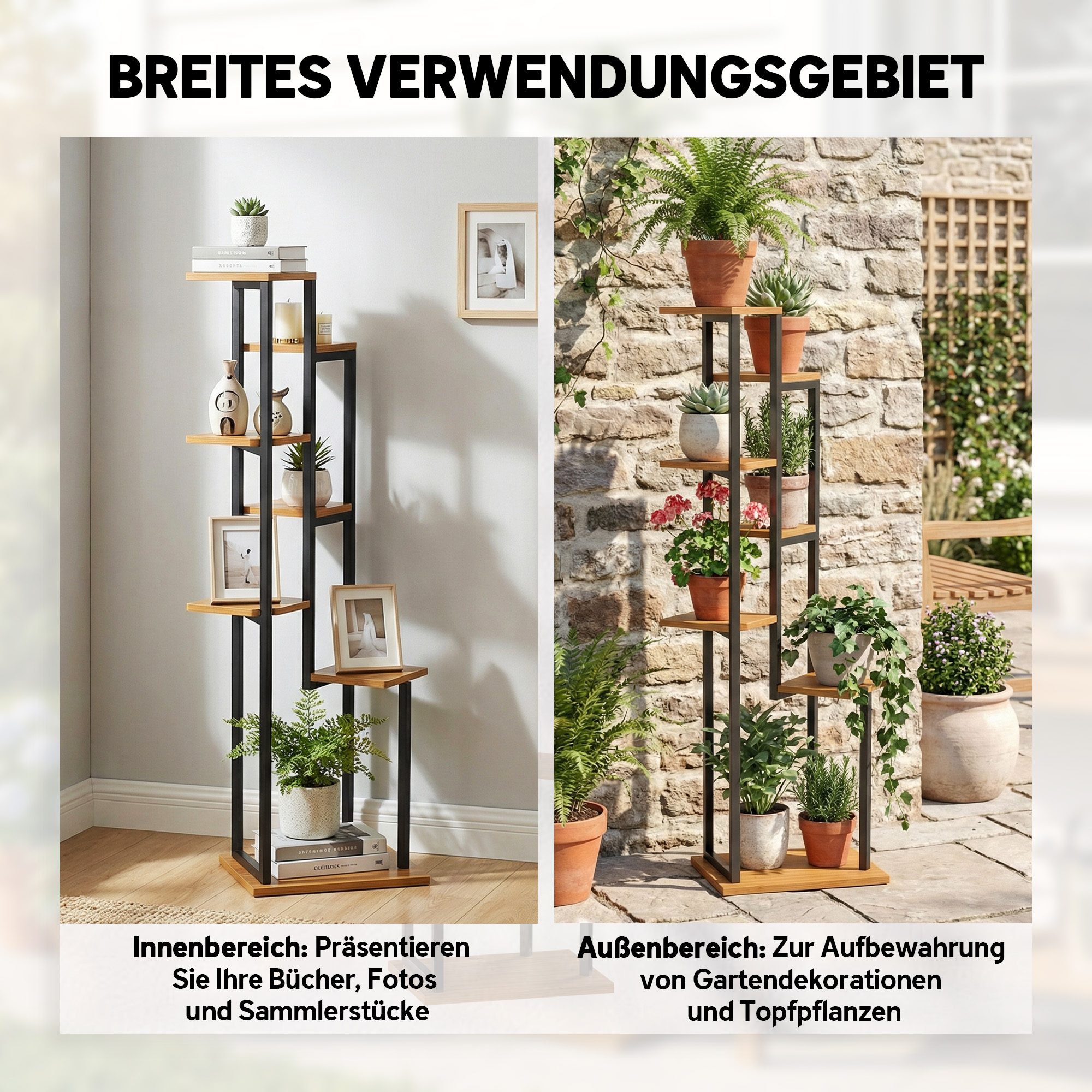 7-Etagen Pflanzenständer, 130 cm hoch Blumenständer, Gestuftes Pflanzenregal aus Holz, mehrstöckig Hellbraun