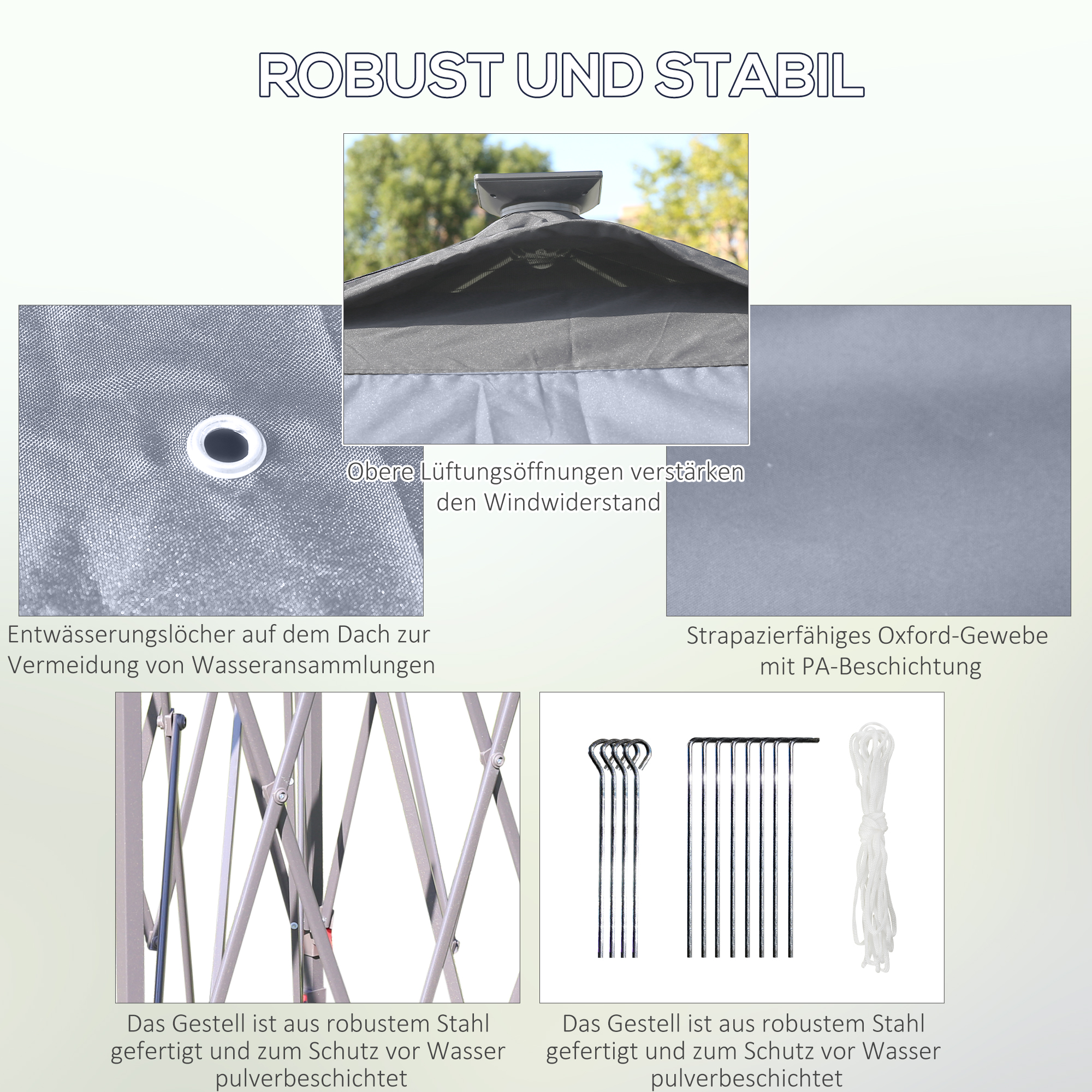 3,3 x 3,3 m Faltpavillon mit LED-Beleuchtung, Meshvorhänge, Tragetasche, Grau