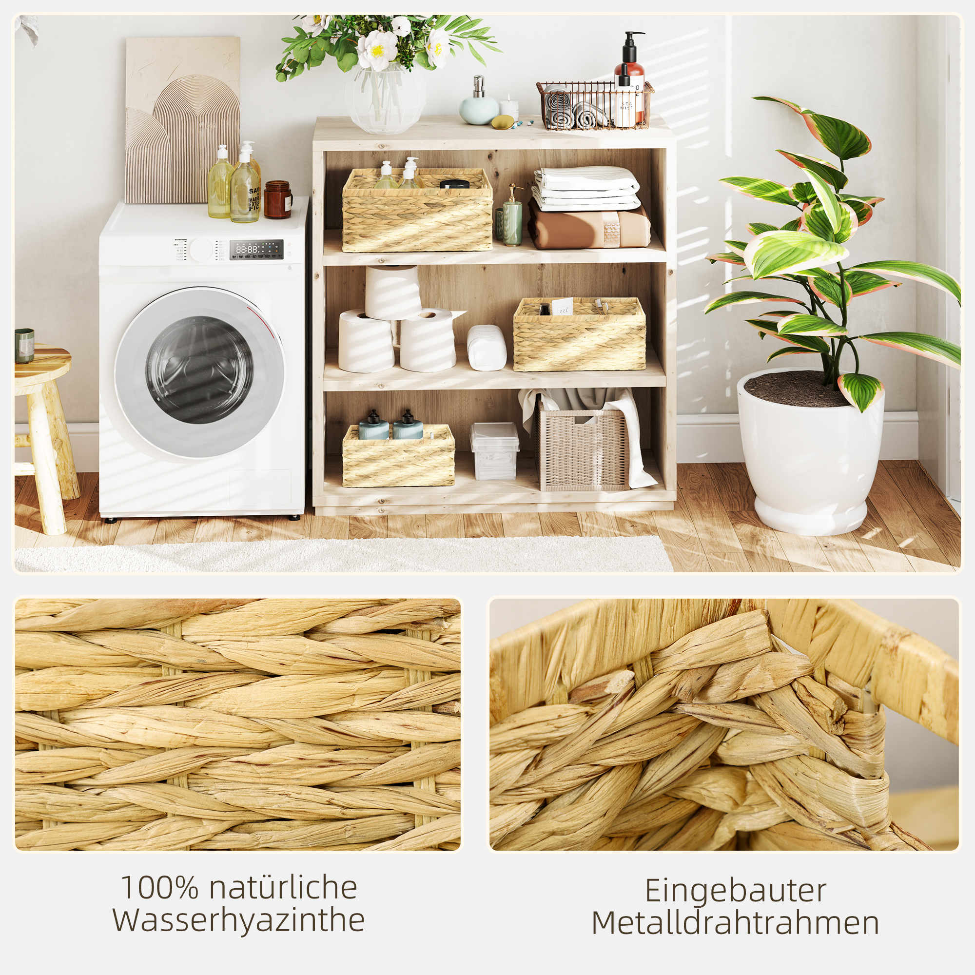 3er-Set Aufbewahrungskörbe mit Griffen und Metallgestell, für Regale, Schlafzimmer Wohnzimmer, Badezimmer, Naturton