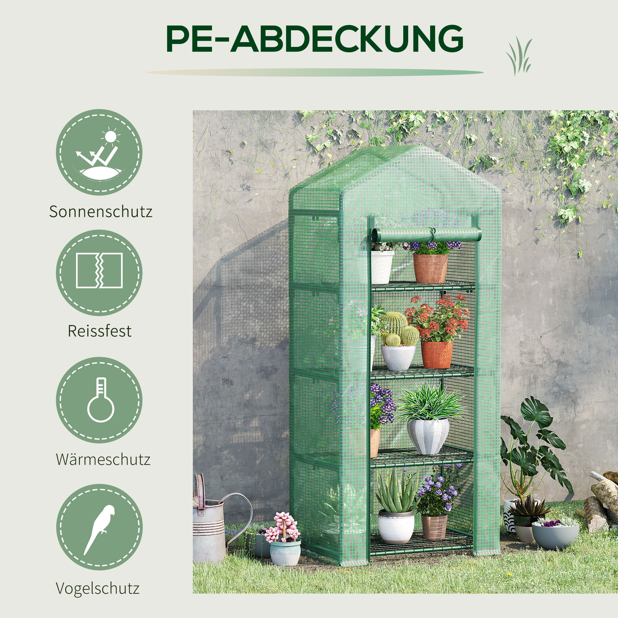 Folien-Gewächshaus, Treibhaus, Mini-Gewächshaus, Pflanzenhaus, Frühbeet, 4 Regalfächer, 70 x 50 x 160 cm, Dunkelgrün