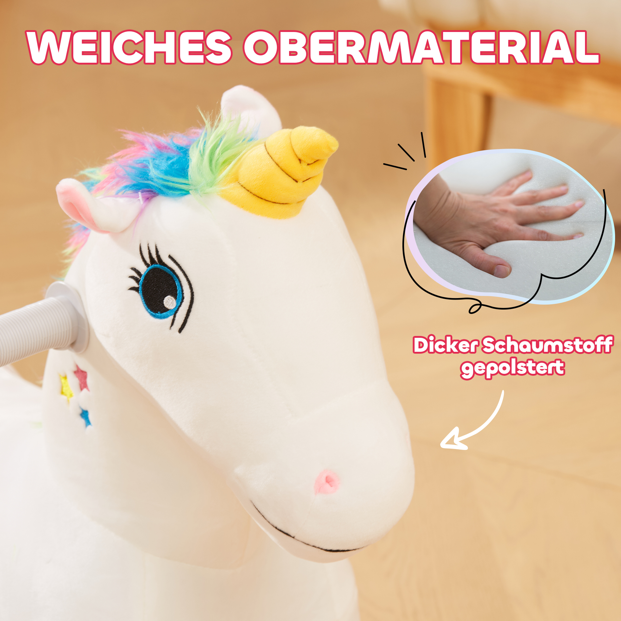 6V Elektrisches Reiteinhorn für Kinder, Batteriebetrieb, Mit Musikfunktion und Vorwärtsbewegung, 18-36 Monate, Weiß