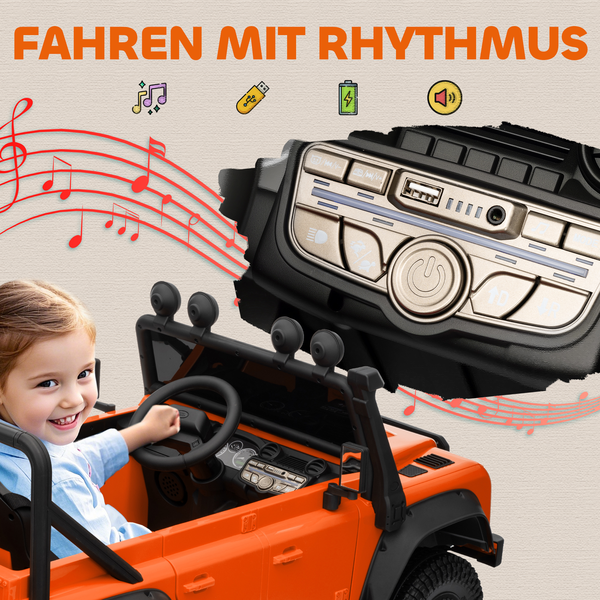 Kinder-Elektroauto, 12V Batterie-Betrieb, Fernbedienung, Musik-Funktion, Hupe, LED-Lichter, Orange