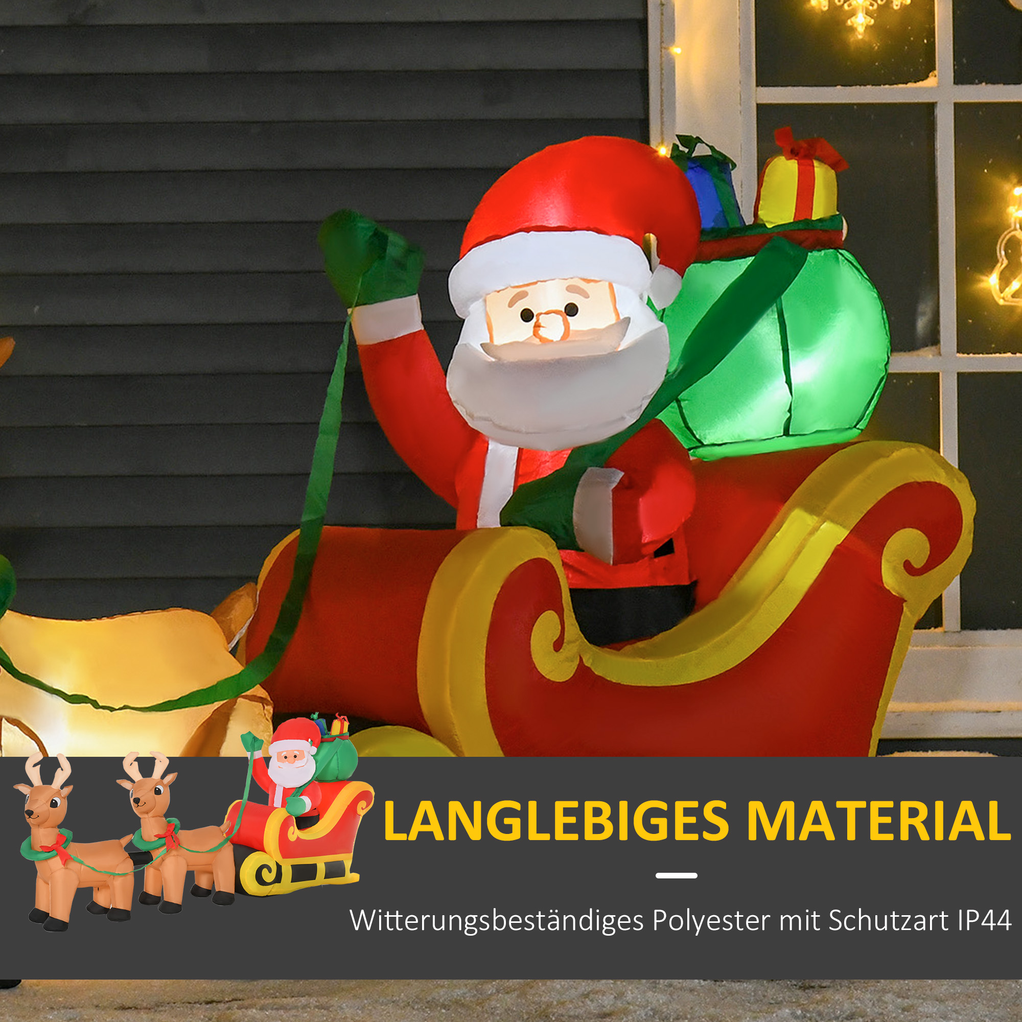 Aufblasbarer Weihnachtsmann mit Schlitten, 6 LED-Lichter, wasserdicht, 240 x 57 x 112 cm