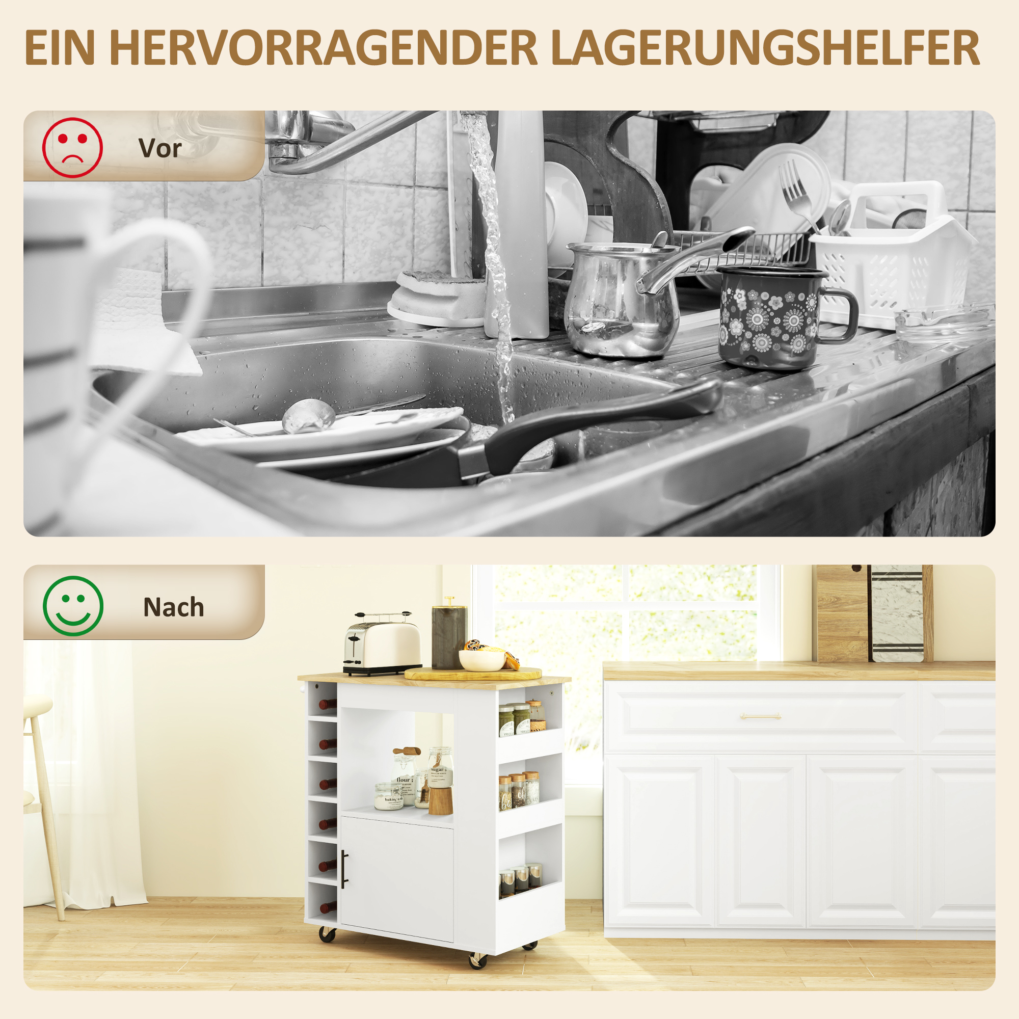 Küchenwagen, Rollbare Kücheninsel, Küchen-Trolley mit Fächern, Weinregalen, Schrank und Arbeitsfläche, Weiß