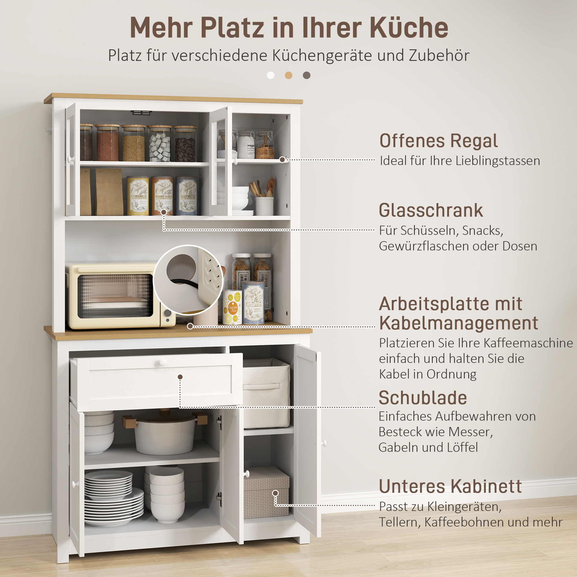 Küchenschrank im Landhausstil, 1 Vitrine, 1 offenes Regal, 1 Schublade, 2 Schränke, Natur + Weiß