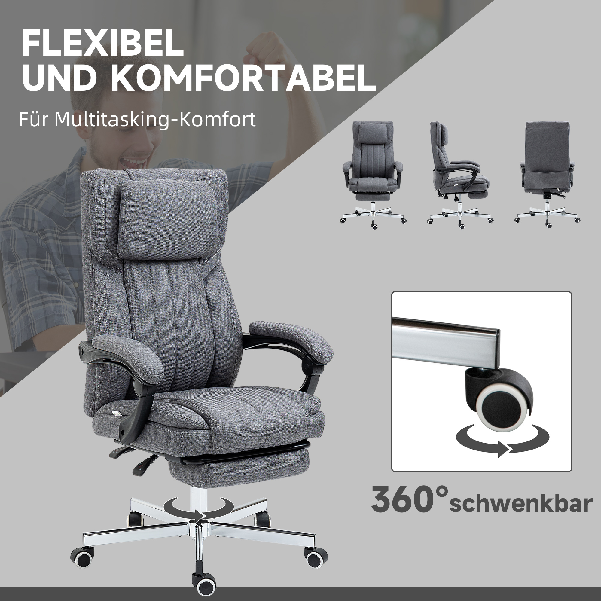 Bürostuhl mit Massagefunktion, neigbare Rücklehne, ausziehbare Fußstütze, Leinenoptik, grau, 65 x 61 x 113 cm