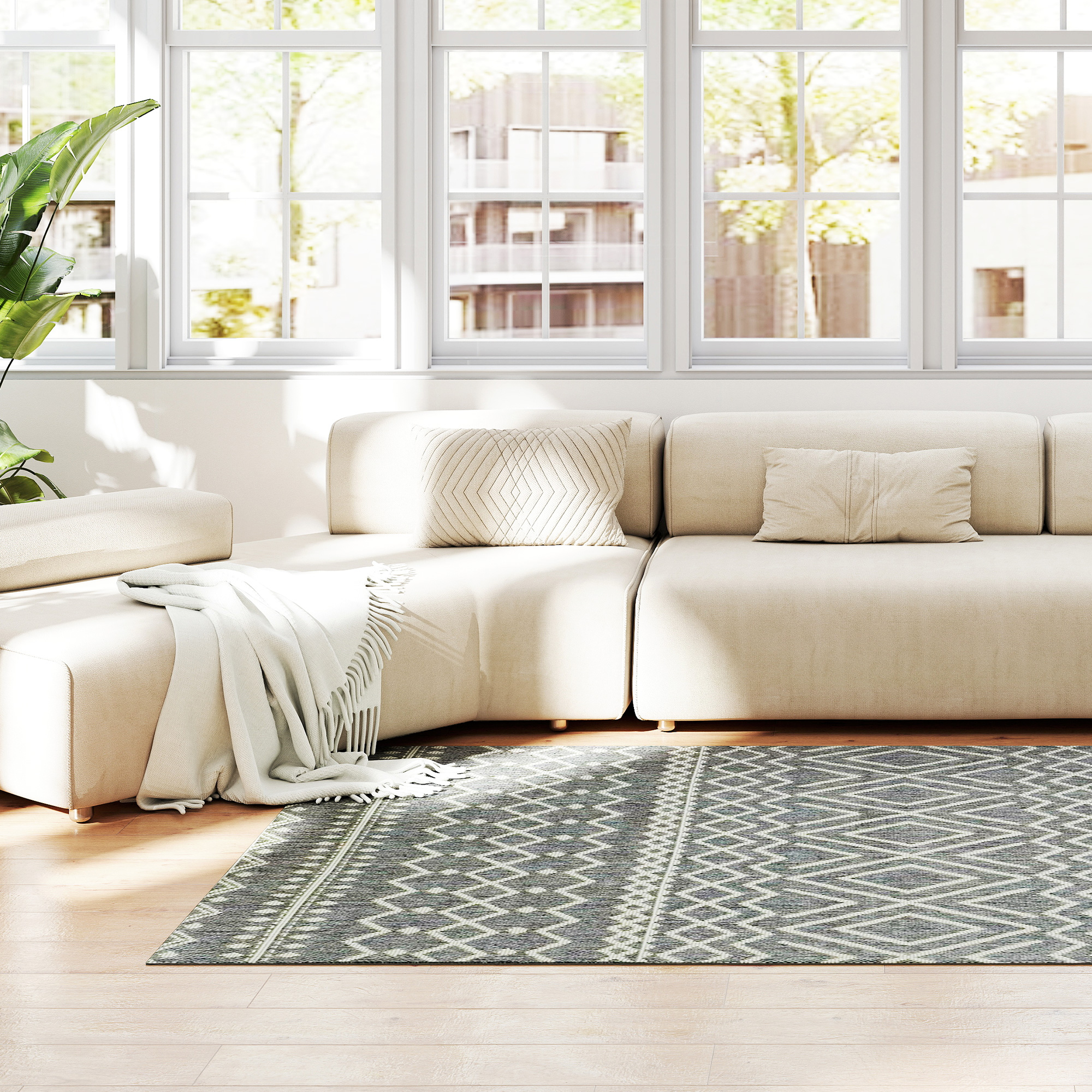 Teppich für drinnen und draußen, Boho-Design, leicht zu reinigen, Grau