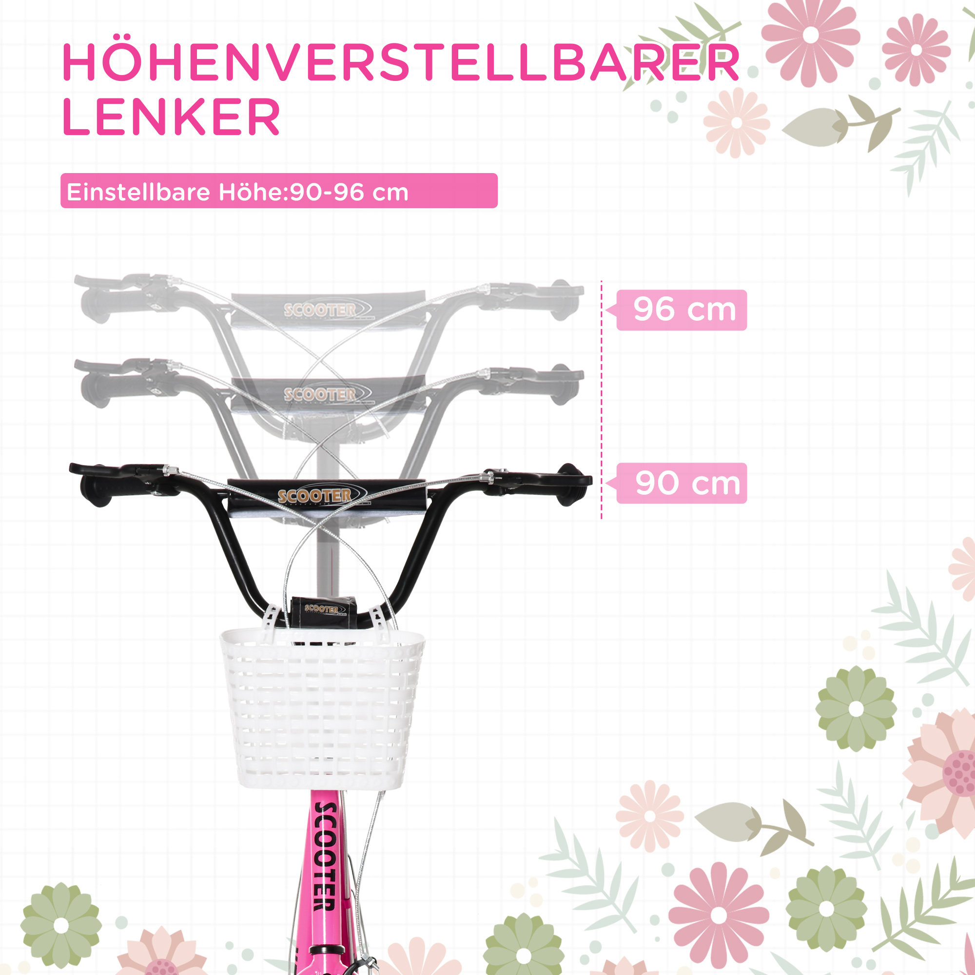 Kinderroller Tretroller mit Bremse, inkl, Korb, höhenverstellbar, für Kinder von 5 bis 12 Jahren, Weiß + Pink