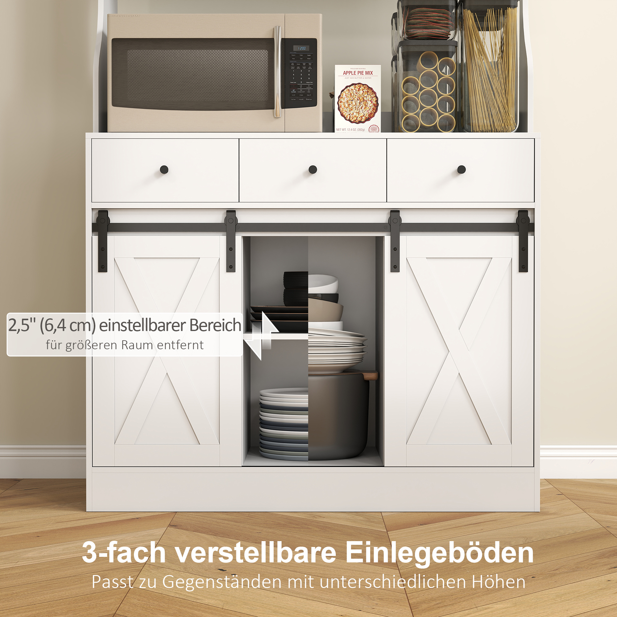 Küchenschrank mit Regalen, Schränken, Schubladen und Ablagefläche, Bauernhaus-Flair, verstellbare Regale, Holz, Weiß