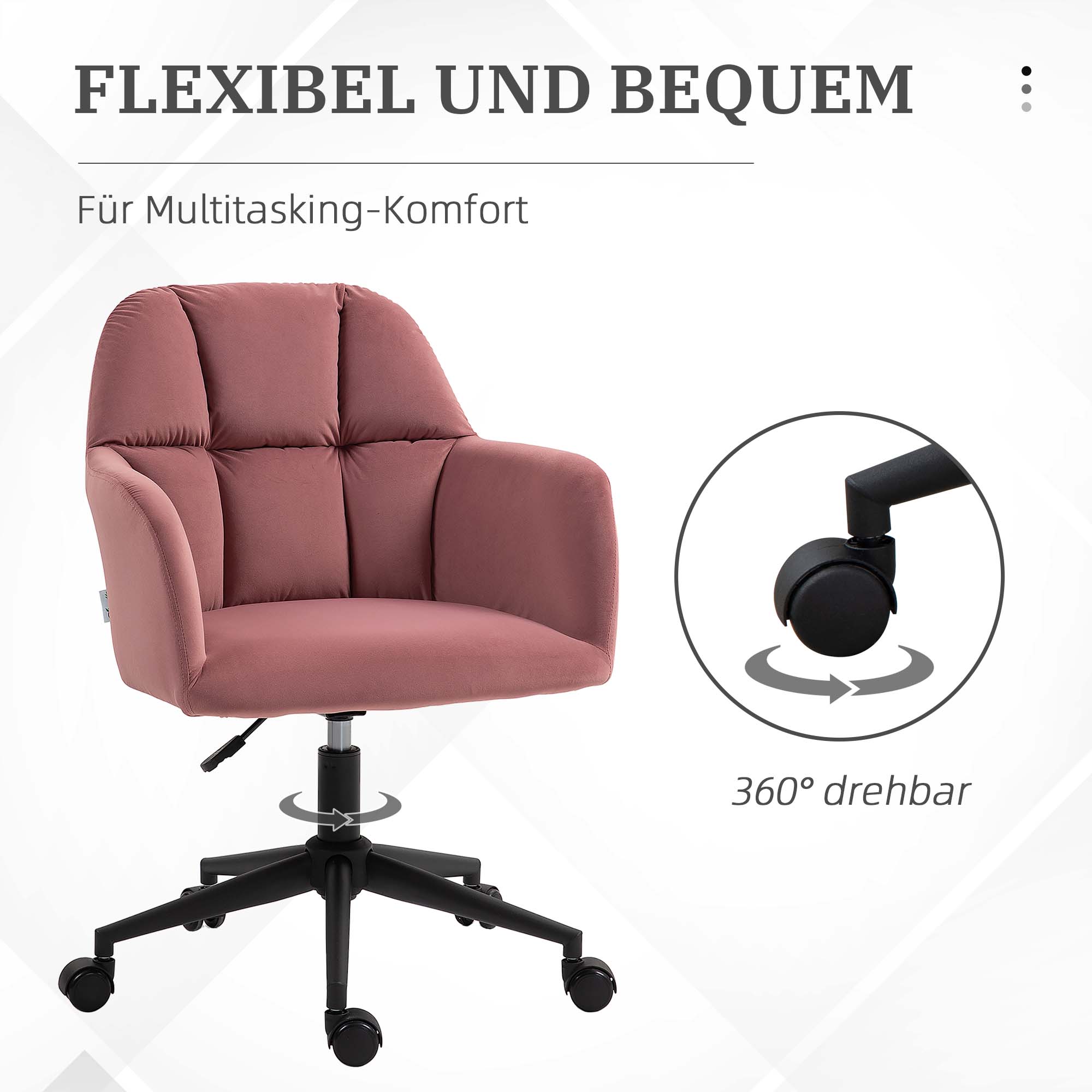 Bürostuhl, ergonomisch, höhenverstellbar, drehbar, Samtoptik, bis 120 kg, Rosa