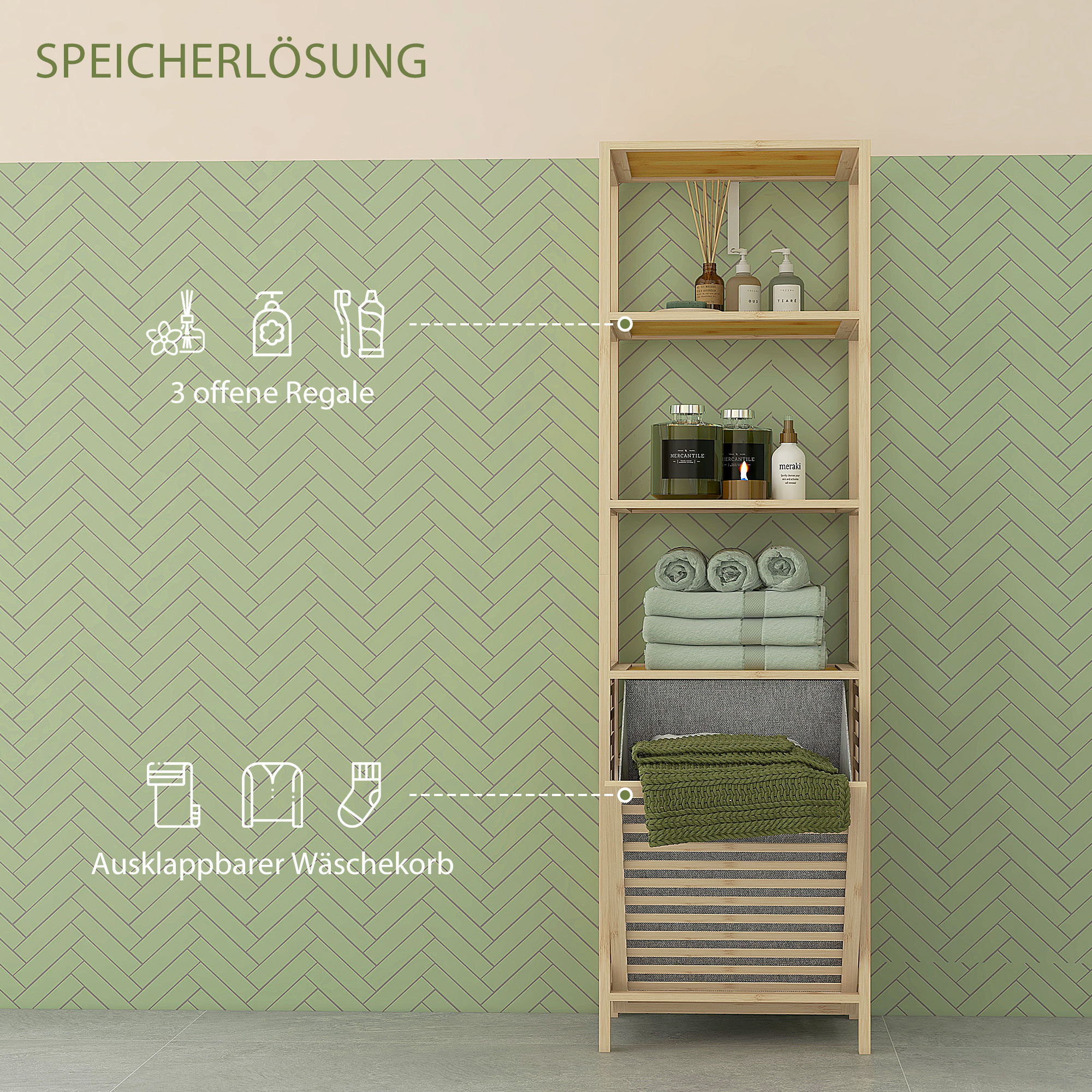 Badezimmerregal, mit Wäschesammler, 3 Regalböden, Bambusrahmen, 44x33x160cm, Natur