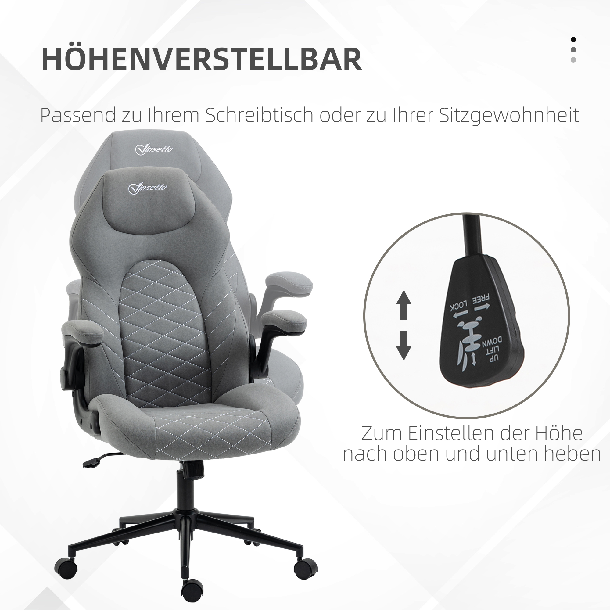 Bürostuhl mit Rückenlehne, höhenverstellbar, klappbare Armlehnen, Wippfunktion, Hellgrau