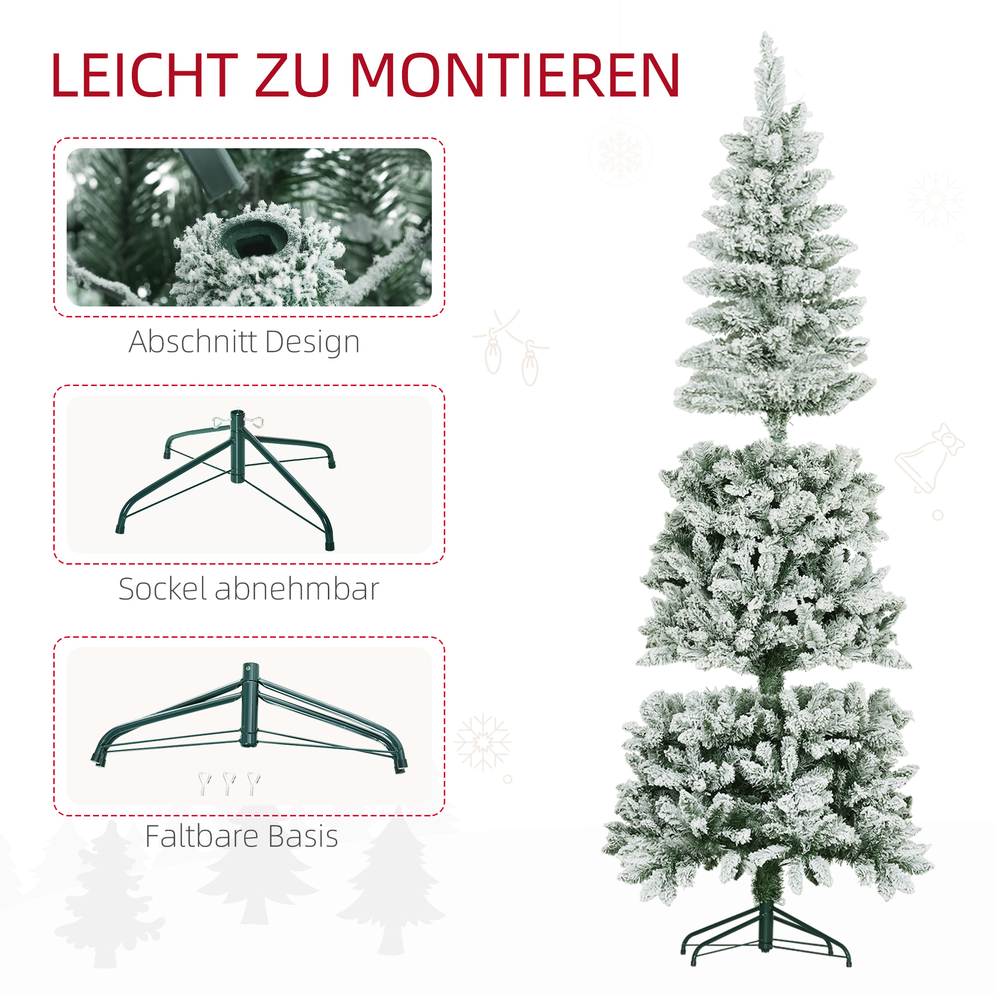Weihnachtsbaum, schlanke Form, Kunstschnee, dreiteilig, flammhemmend, Metallfuß, 183 cm, Grün