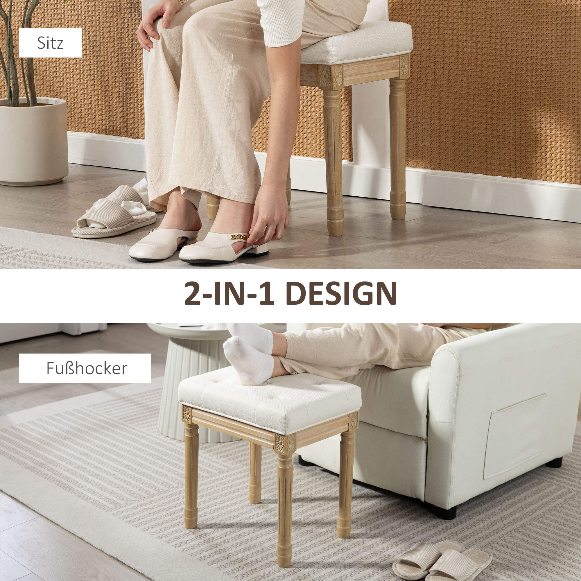 Leinen Sitzhocker, Polsterbank, Fußbank mit gepolstertem Sitz, Holzbeine, 42 x 32 x 46,5 cm, Beige