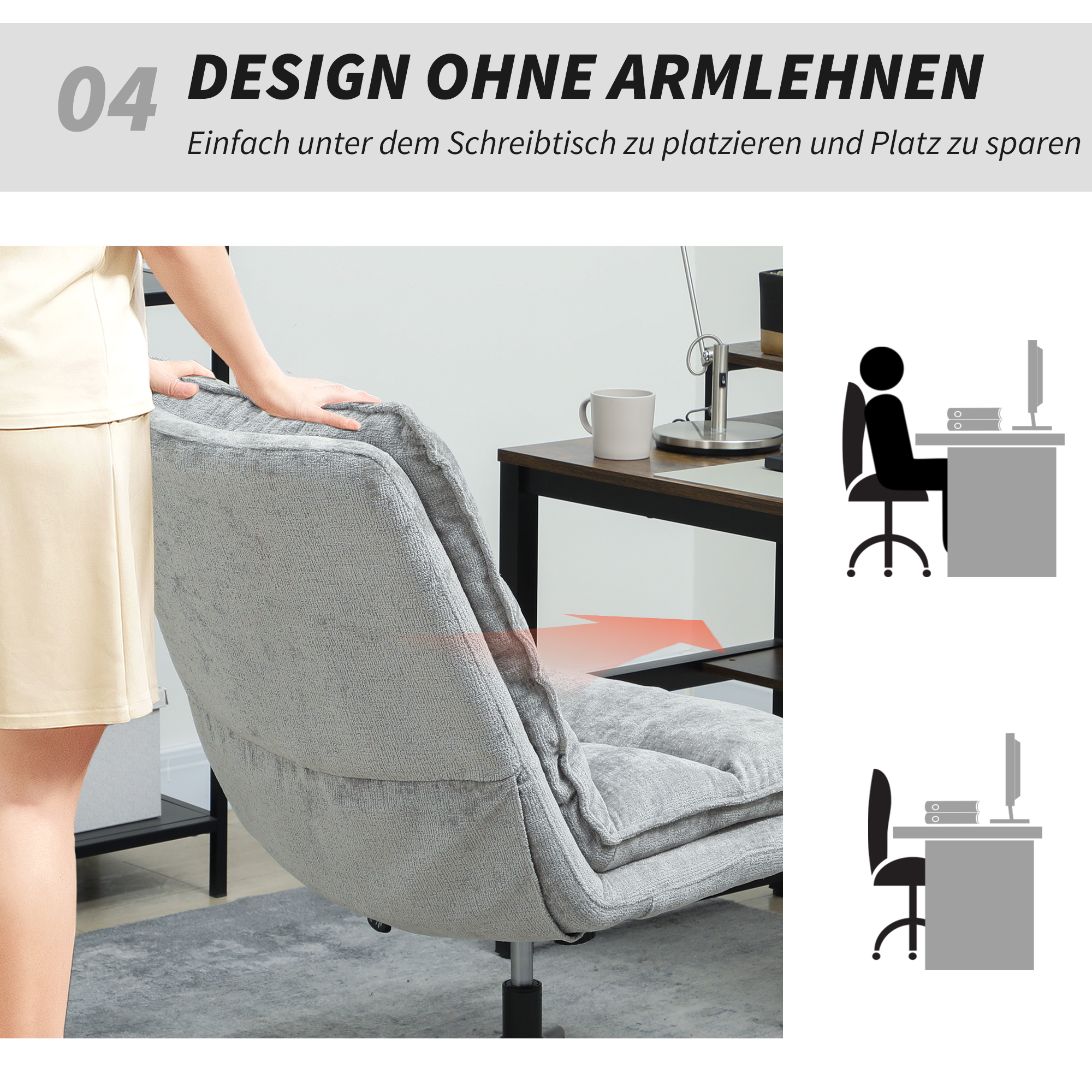 Armloser Polsterstuhl, drehbarer gepolsterter Bürostuhl mit weichem Stoffbezug, höhenverstellbar, Stahlbeine, Grau