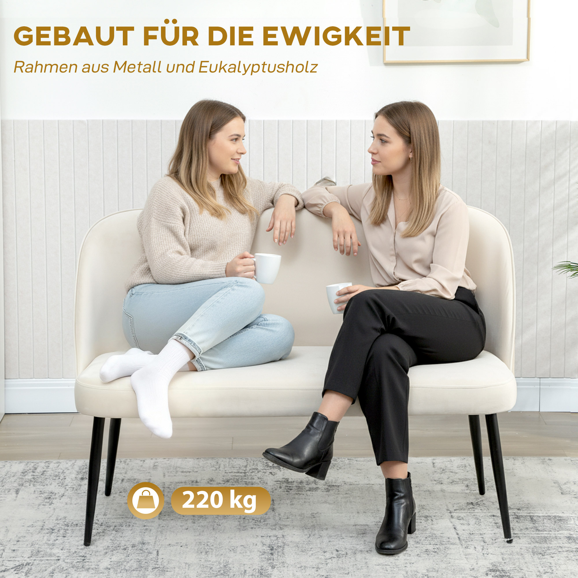 2-Sitzer-Sofa, moderne Polstercouch mit Metall- und Holzrahmen, samtartiger Stoffbezug, Beige
