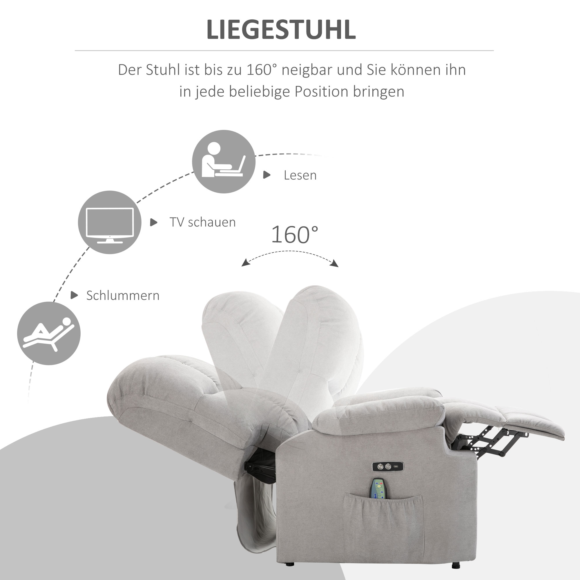 Sessel mit Aufstehhilfe, Massagesessel, Relaxsessel mit USB-Anschluss, Fernsehsessel mit Fernbedienung, Seitentasche, Neigebarer TV-Sessel mit Samtoptik, Grau