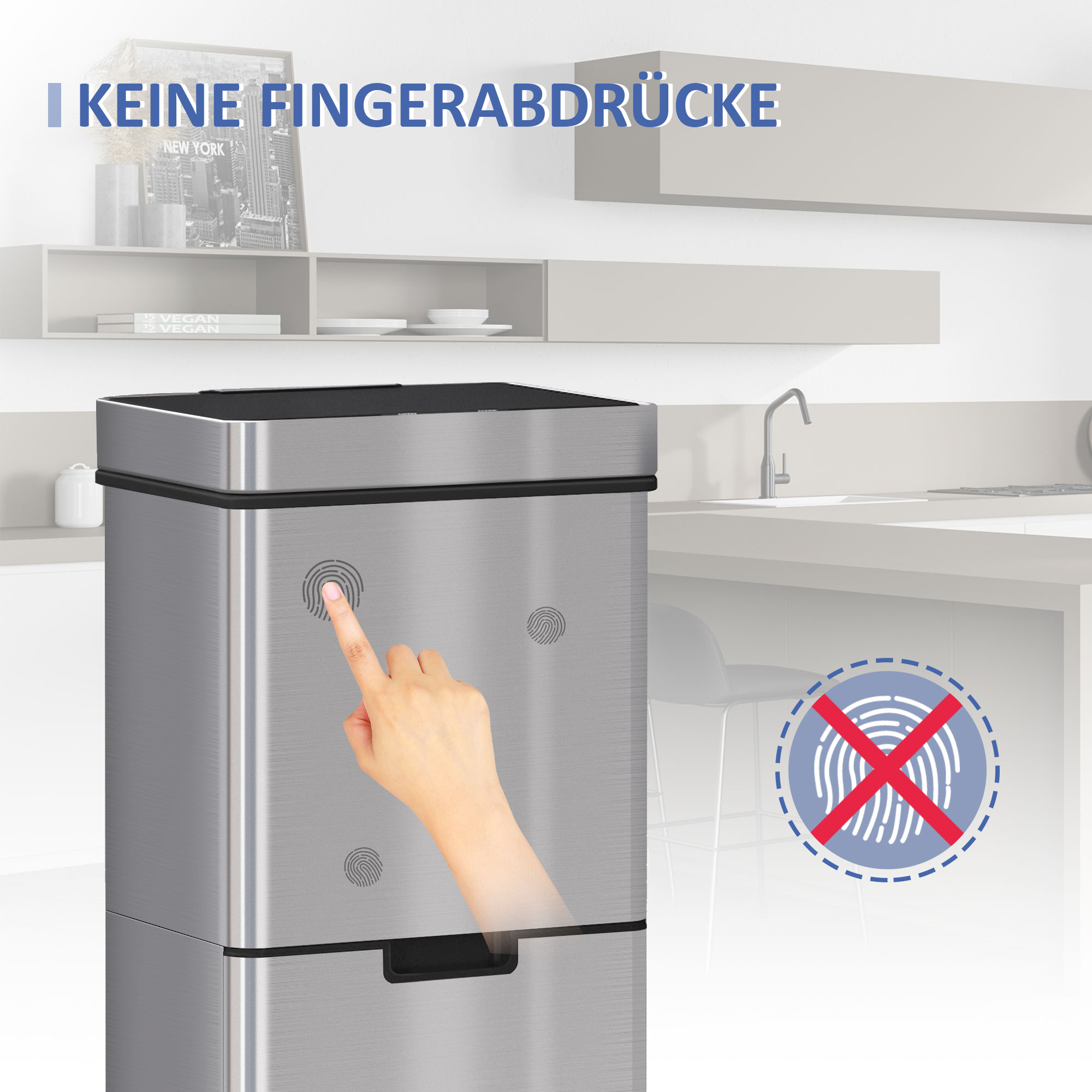 Mülleimer mit Sensor 47L + 2 x 12,5L Automatischer Abfalleimer mit Bewegungssensor, Wasserdichtes Mülltrennsystem aus Edelstahl für Küche Silber