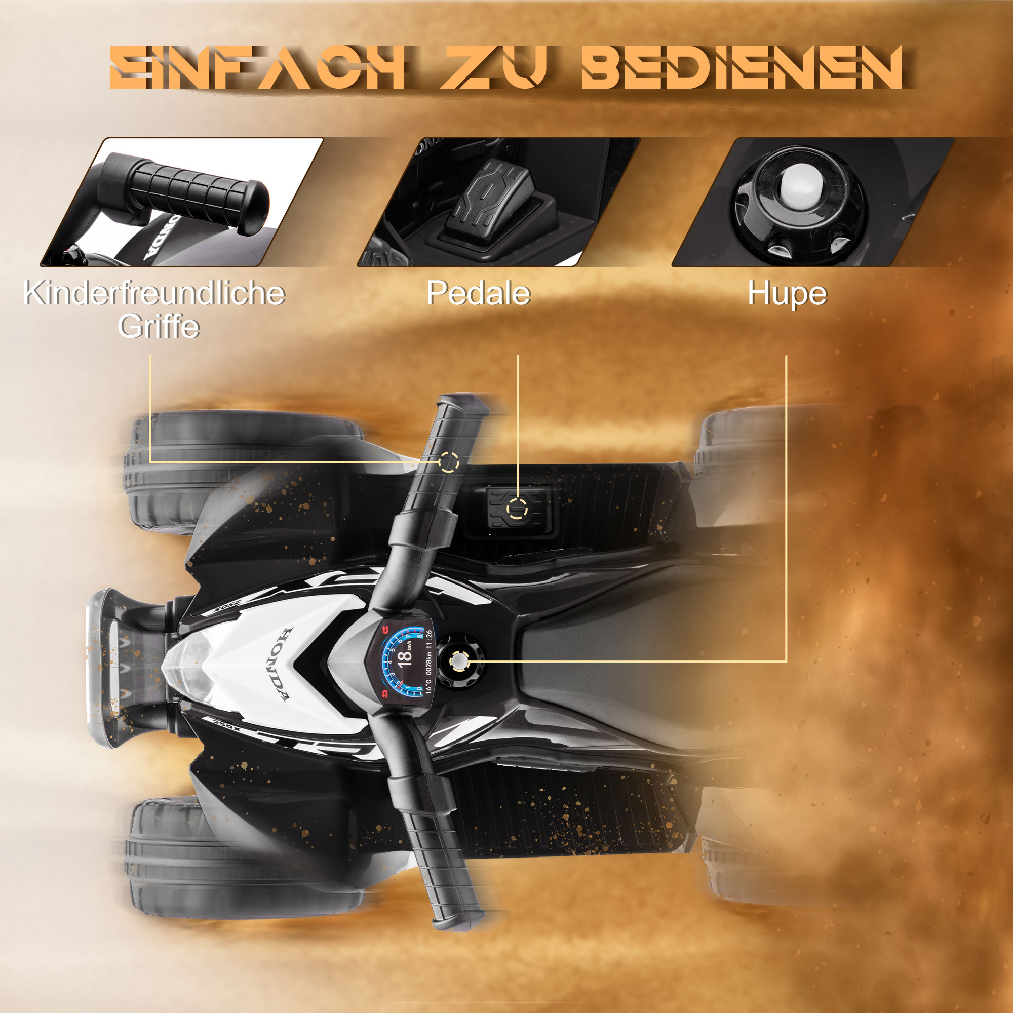 Kinderquad, 2,8 km/h, LED-Scheinwerfer, für 1,5-3 Jahre, schwarz, 65,5 x 38,5 x 43,5cm