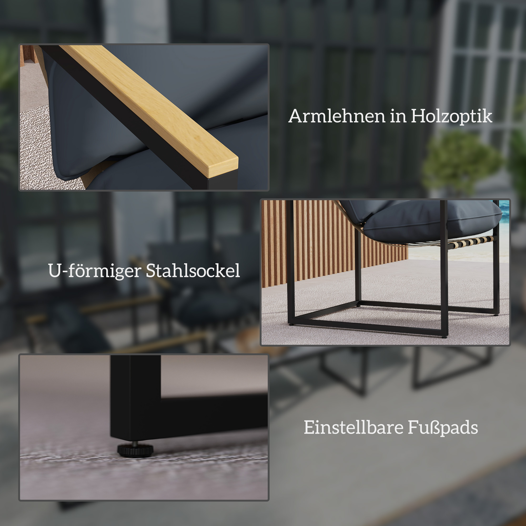 4-teiliges Gartenmöbelset, Outdoor-Möbel-Set, 2 Sessel, 2er Sofa, 1 Tisch, gepolstert, Stahl, Polyester, Grau