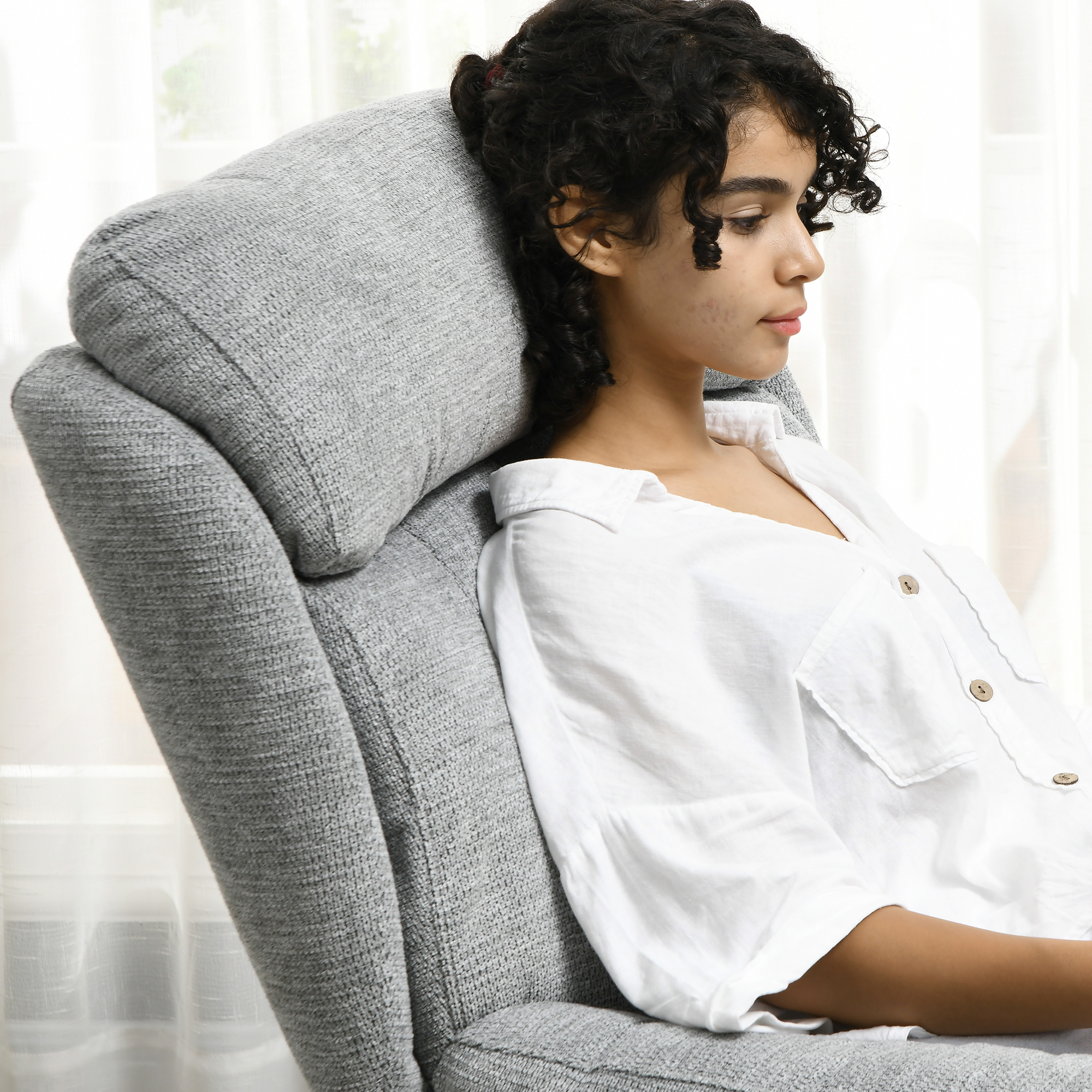 Drehsessel, 360-Grad-Drehung, Chenille-Stoff, integrierte Armlehnen, Stahlbeine, Grau, Schwarz