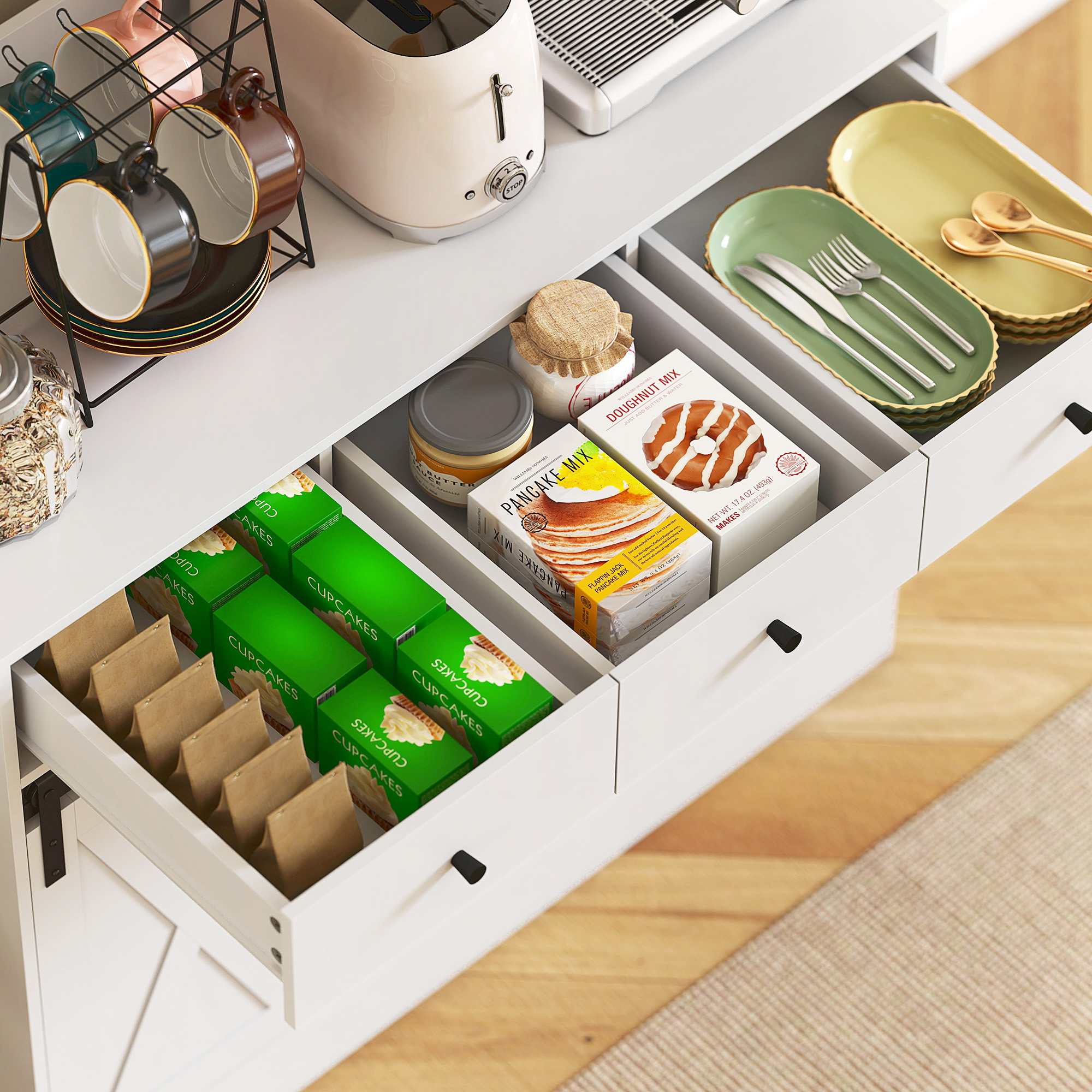 Küchenschrank mit Regalen, Schränken, Schubladen und Ablagefläche, Bauernhaus-Flair, verstellbare Regale, Holz, Weiß