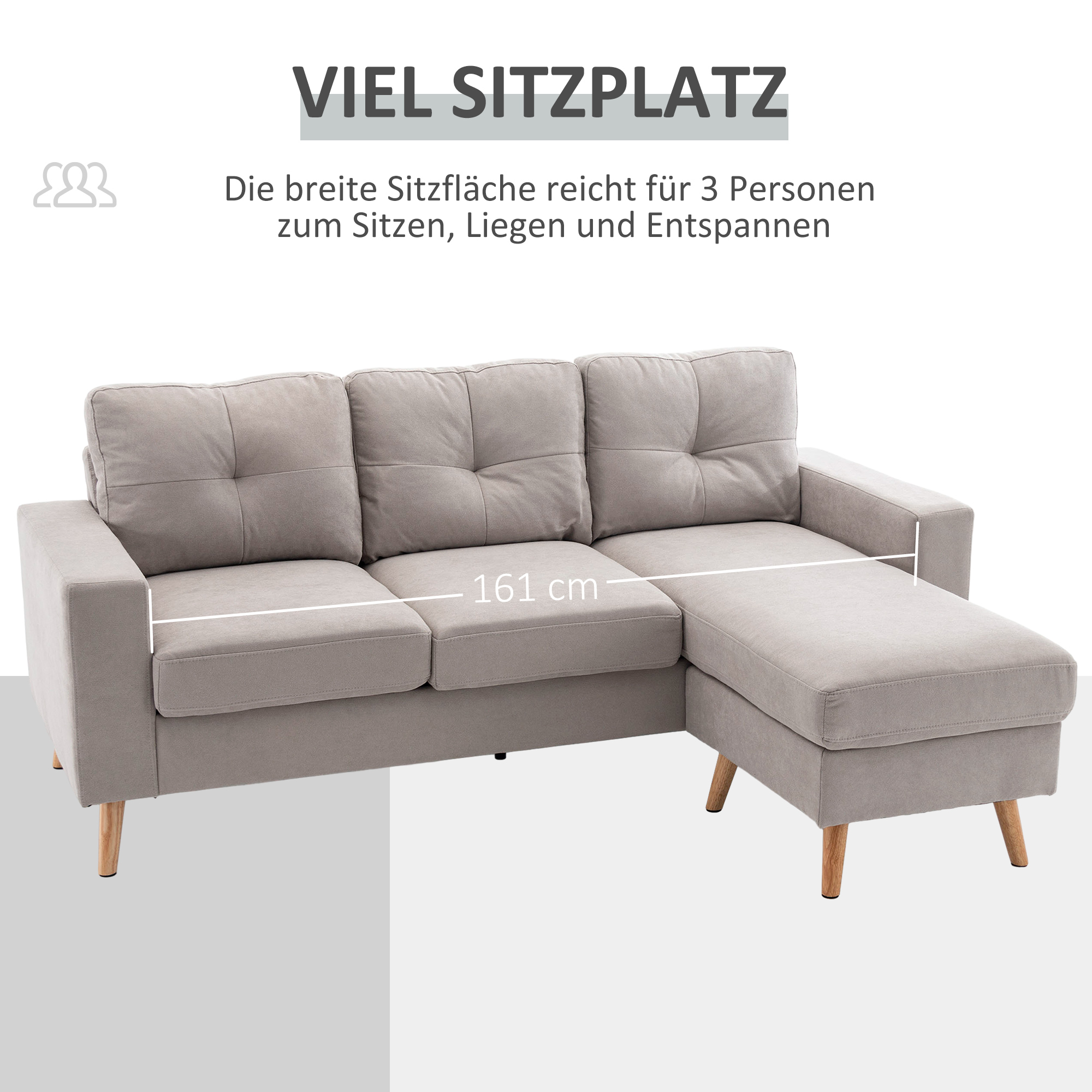 3-Sitzer-Ecksofa, Leinenoptik, Wendbare Chaiselongue, 193x136x85 cm, Hellgrau