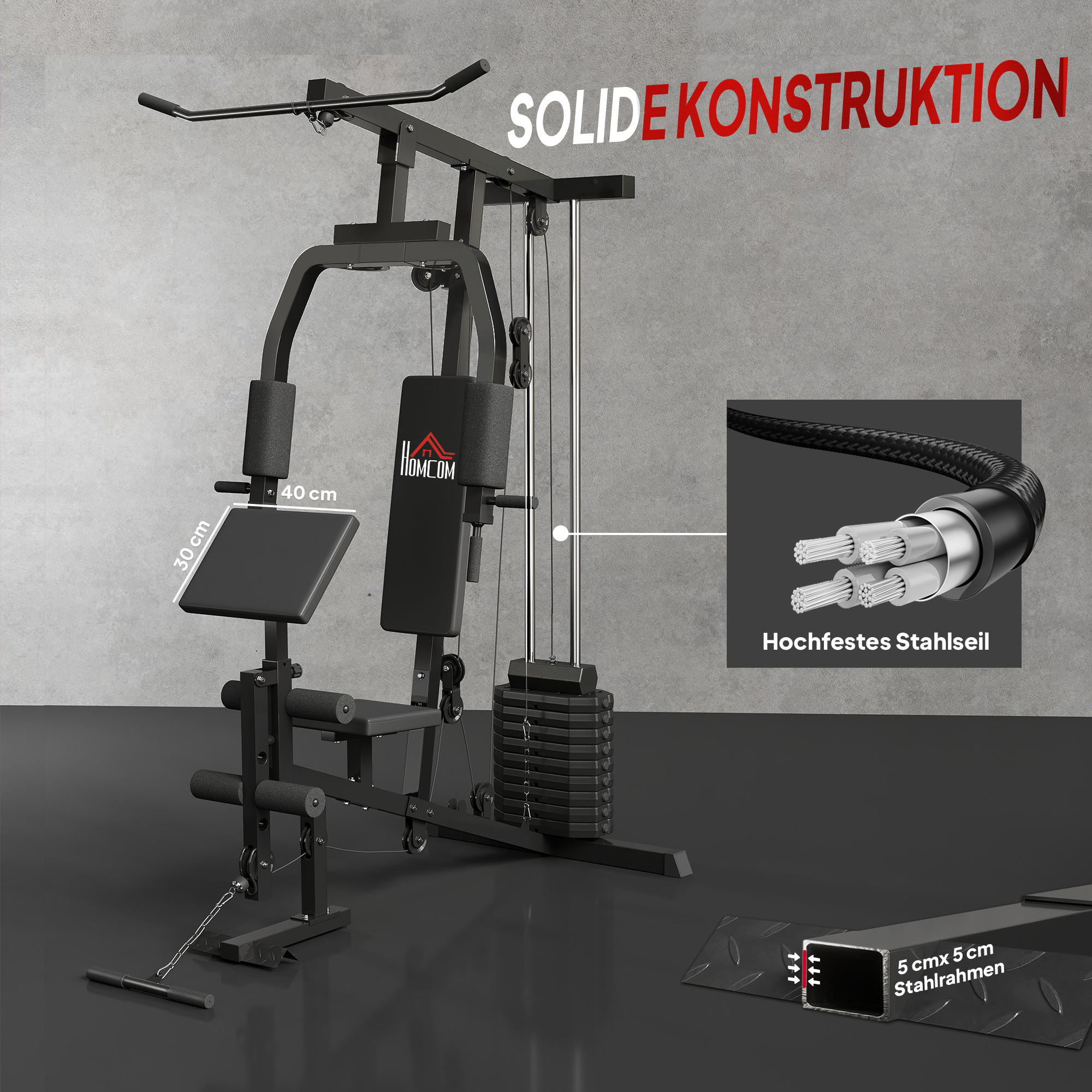 Kraftstation für Zuhause Fitnessstation mit Latzuggerät, Kabelzug, kurzer Bizepsstange, Brustpresse, Beintrainer, Butterfly-Maschine 45kg Gewichten Multifunktion Fitnessstation Schwarz