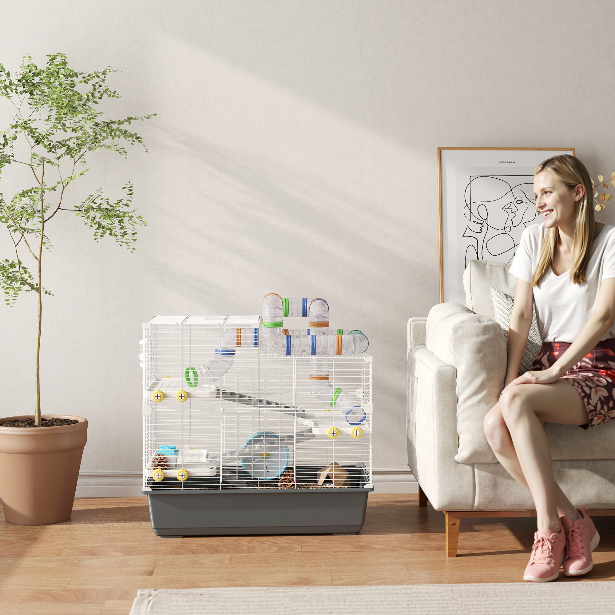 Zwerghamsterkäfig, 4 Ebenen, Tunnelsystem, Hütte, Zubehör, obere Öffnung, 78 x 45 x 73 cm, Grau