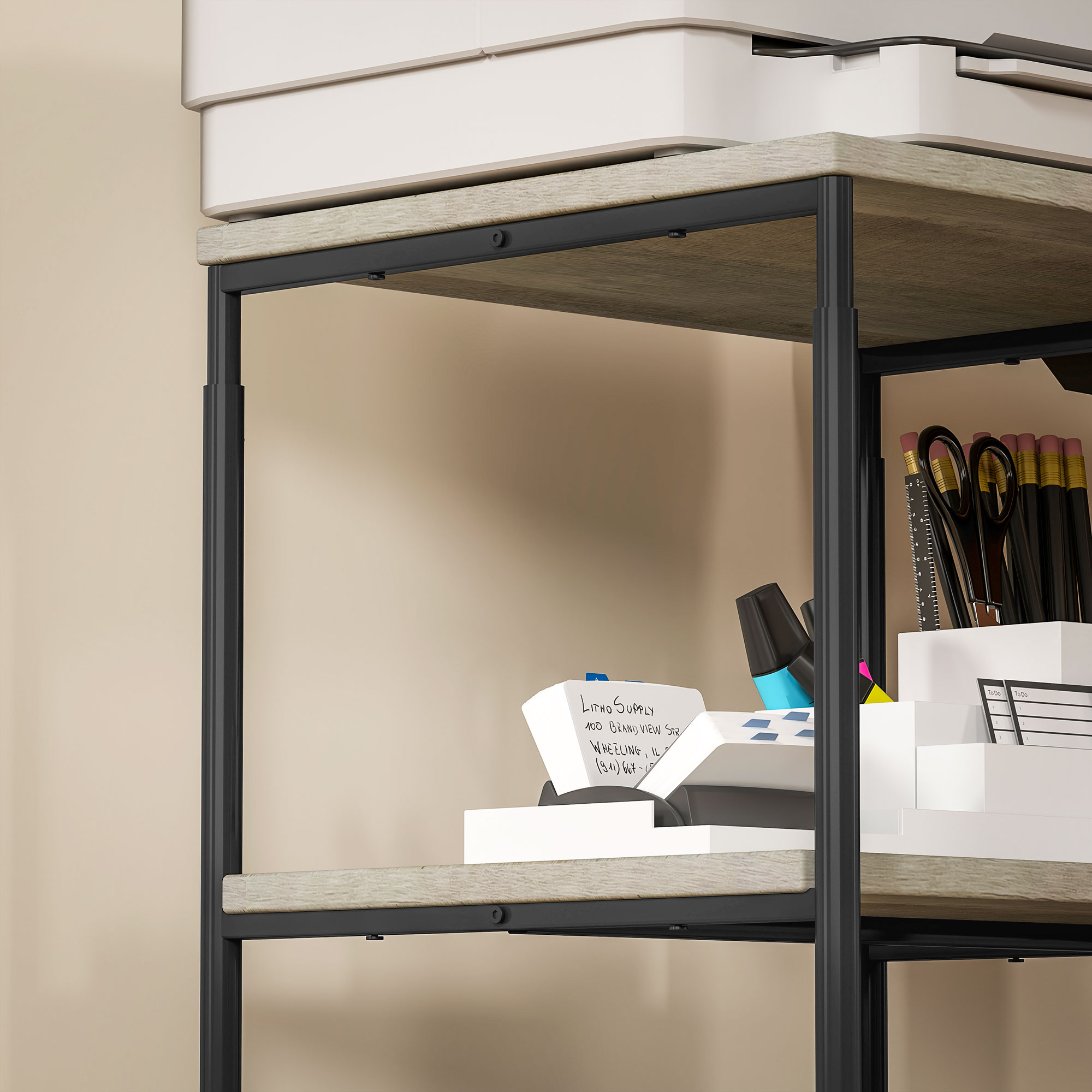 Druckerständer mit 3 Ebenen, höhenverstellbar, Mobiler Druckertisch auf Rollen, für Homeoffice, Metall und Holz