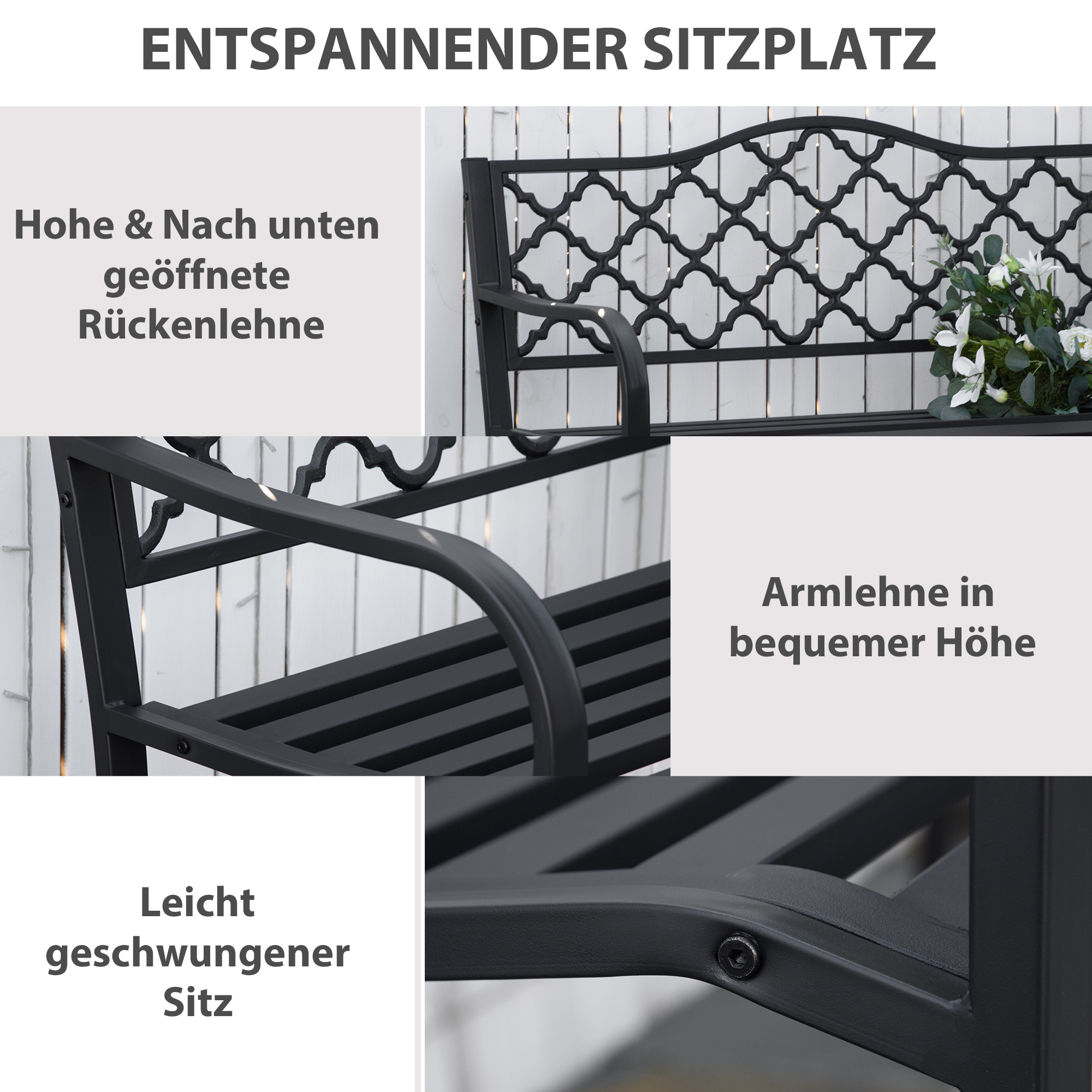 Gartenbank 2-Sitzer Parkbank aus Metall Sitzbank bis 240 kg Bank Terrassenbank mit Rücken- & Armlehnen Gartenmöbel Gusseisen Schwarz 128 x 58,5 x 89 cm