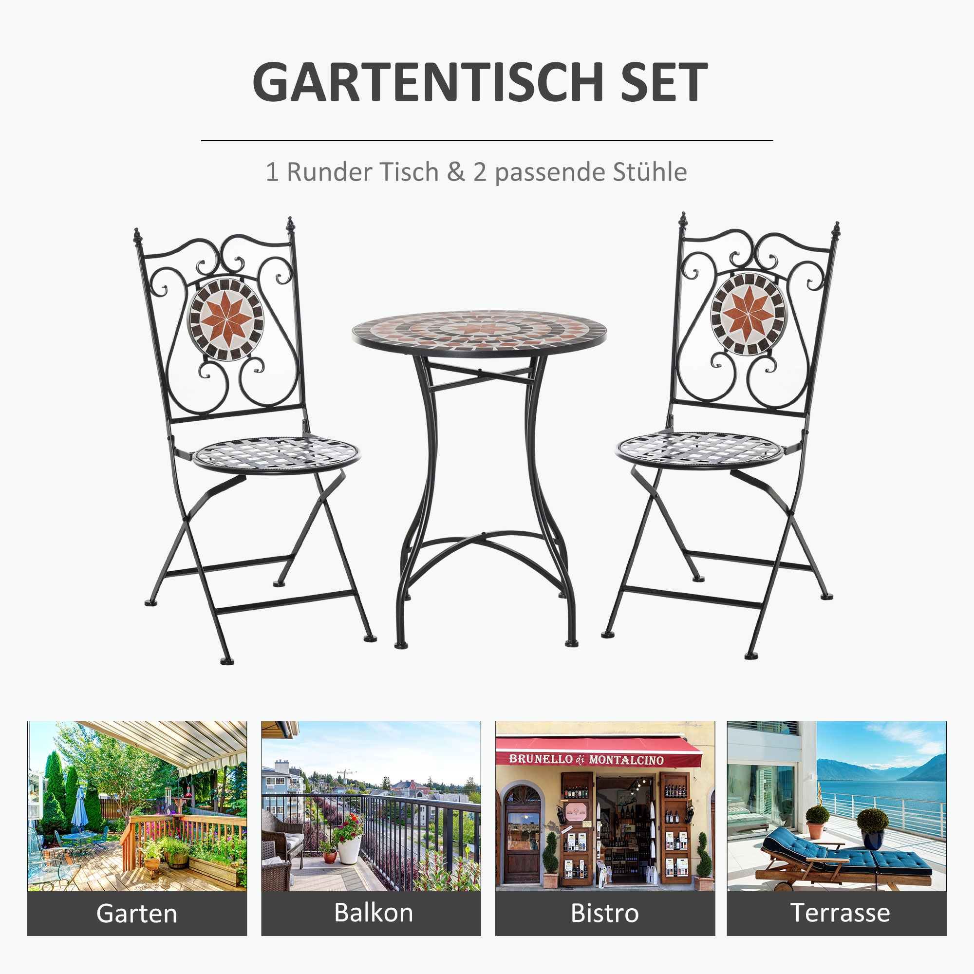 Gartenset Balkonmöbel Set für 2 Personen Mosaiktisch 2 faltbare Stühle Metall Mehrfarbig