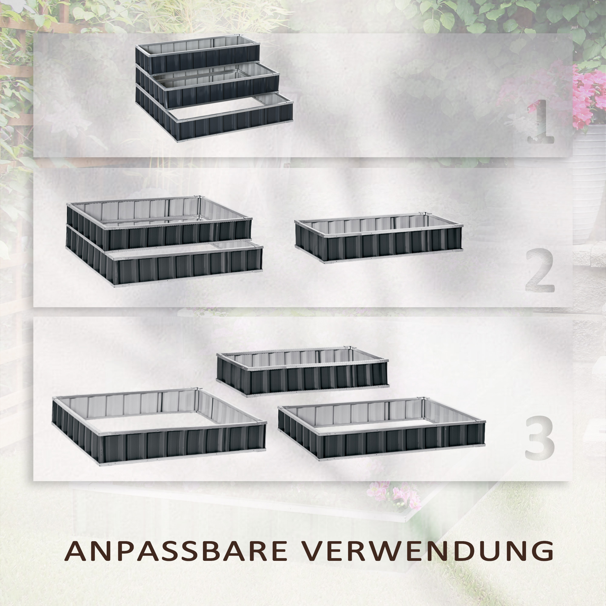 Hochbeet aus Stahl 3-stufige Gartenbeet mit T-Form-Pflanzenschilder Handschuhe Pflanzenbeet Kräuterbeet Blumentreppe für Balkon Garten Dunkelgrau 118 x 118 x 62 cm