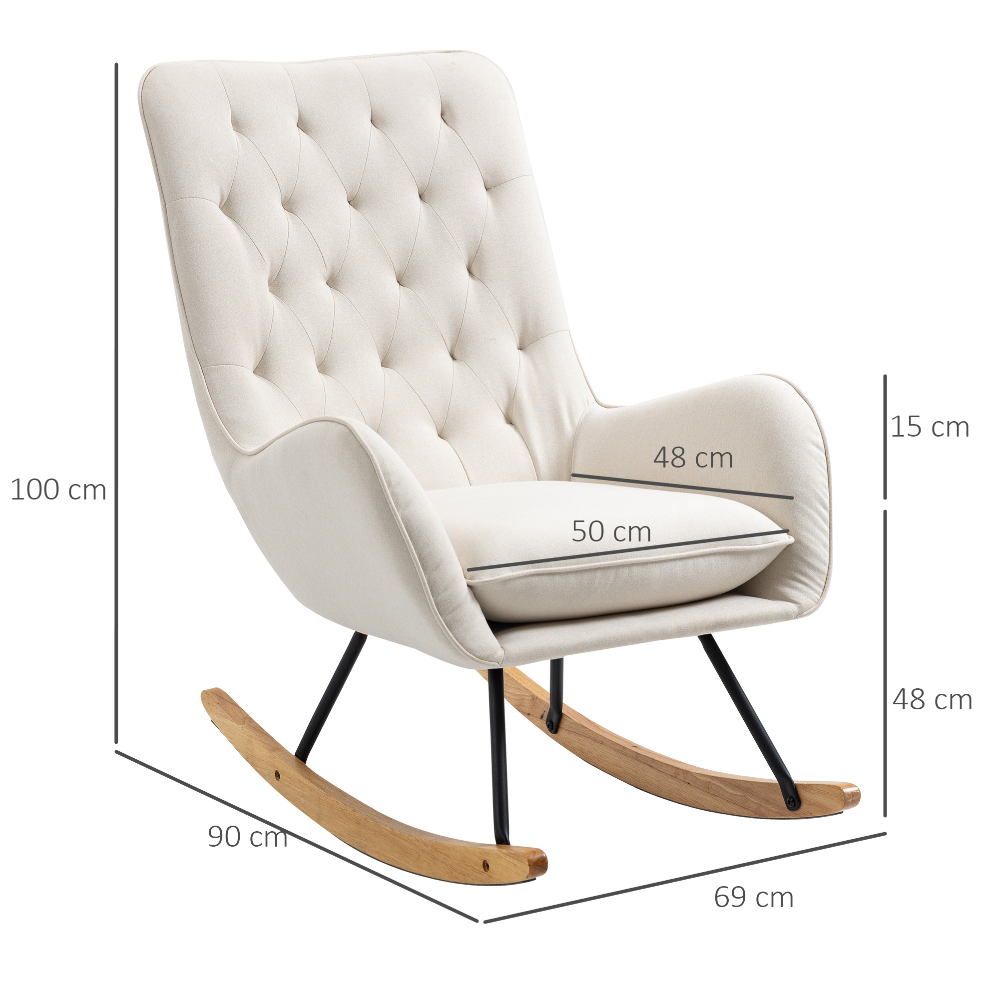 Schaukelstuhl im Skandi-Design Relaxsessel, Knopfheftung, 69 cm x 90 cm x 100 cm, Creme + Natur + Schwarz
