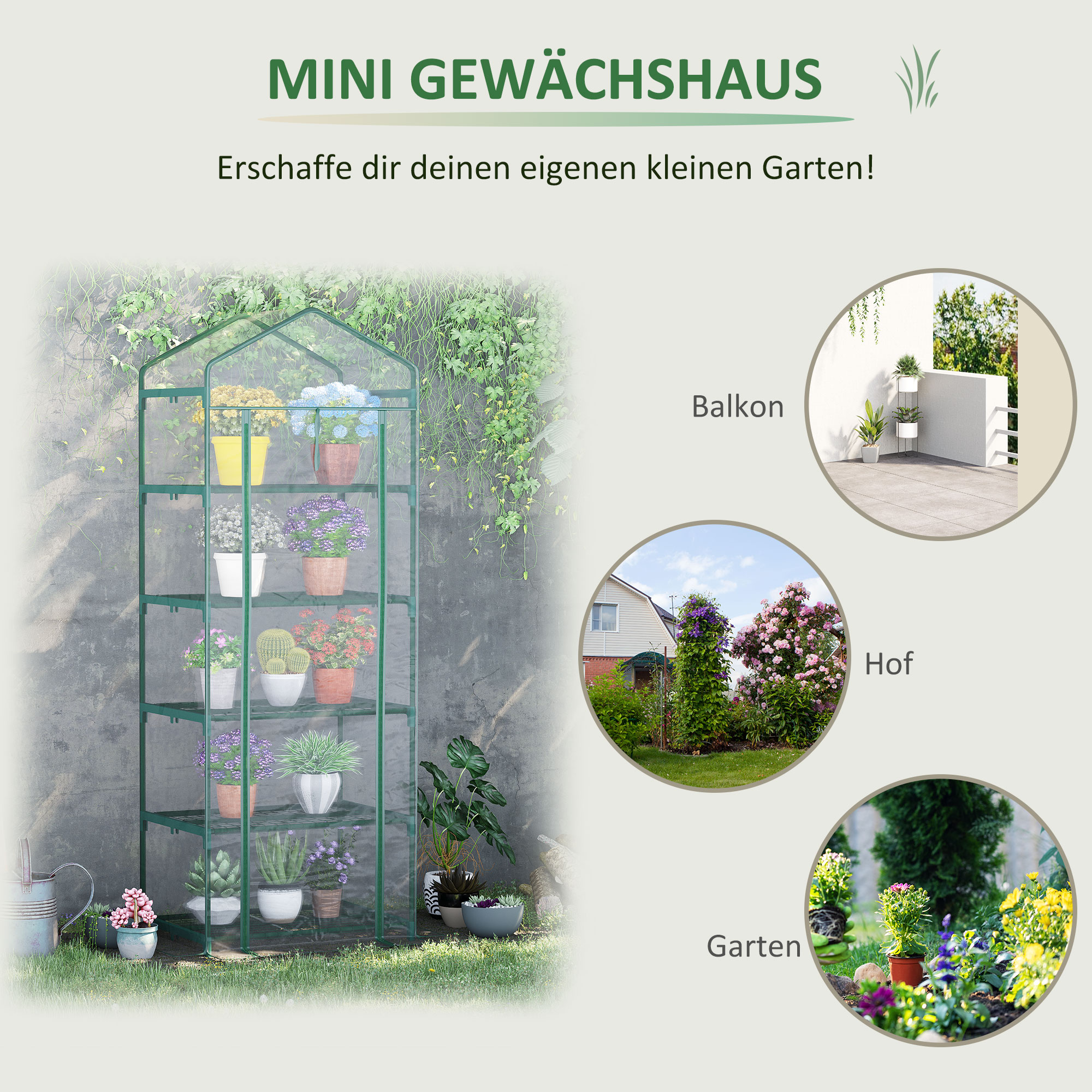 Foliengewächshaus Mini-Gewächshaus mit 5 Regale für Blumen oder Gemüse Aufzucht Treibhaus Transparent+Grün Stahl Kunststoff 69 x 49 x 193 cm