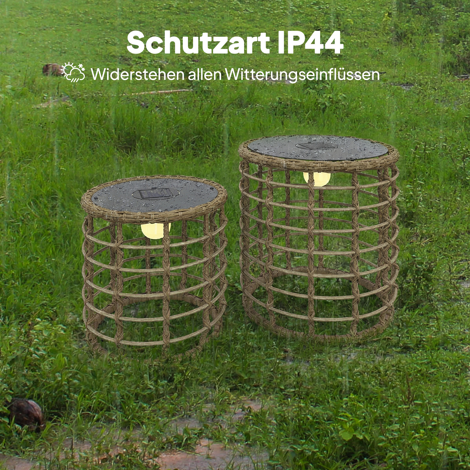 Solar Stehlampe 2er Set Rattan Solarlampen mit Lichtsensor LED Solarleuchte im Boho-Stil IP44