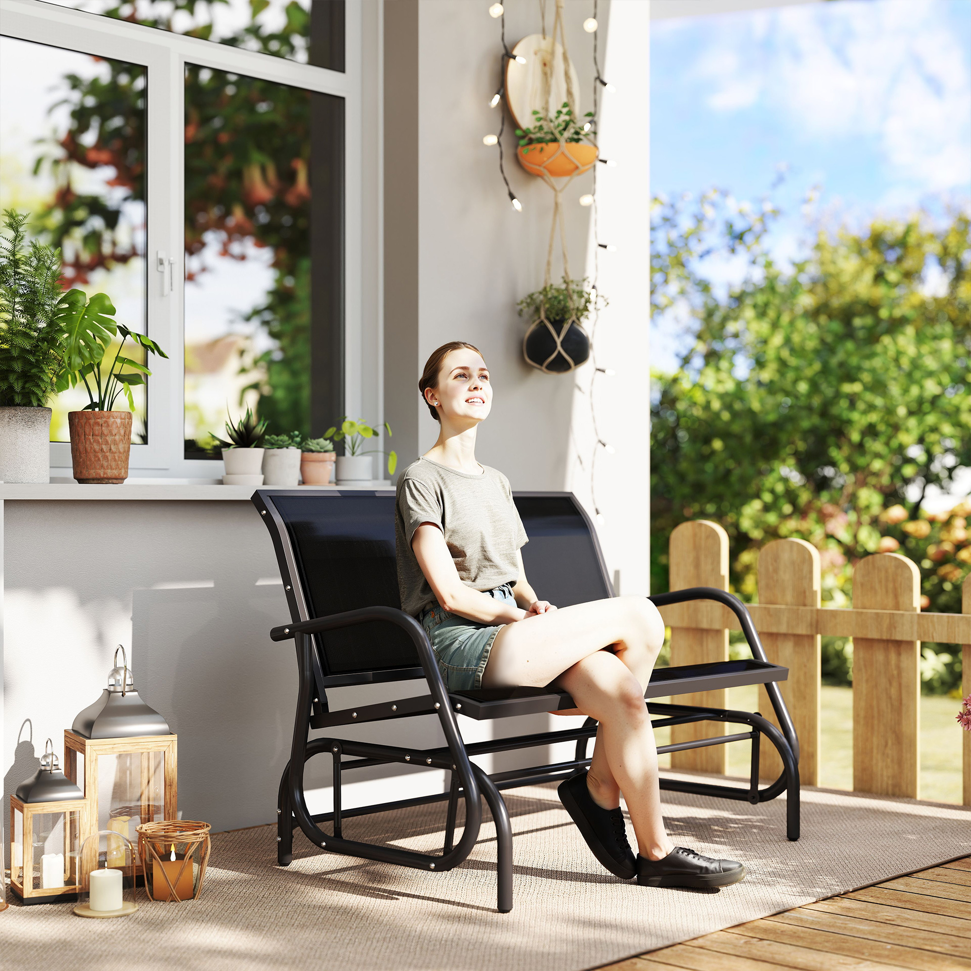 Schaukelstuhl Gartenbank mit Schaukelmechanismus bis 200 kg belastbar 120 x 70 x 85 cm Schwarz