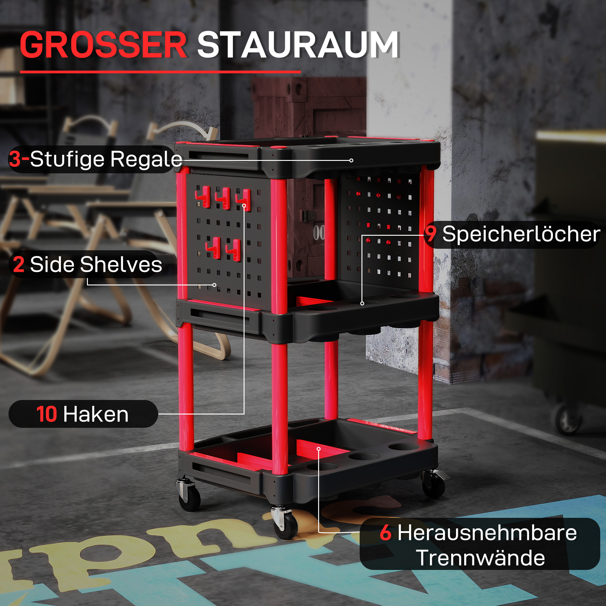 Werkzeugwagen, dreistufige Regale, 4 Räder, Kunststoff, 10 Haken, Rot