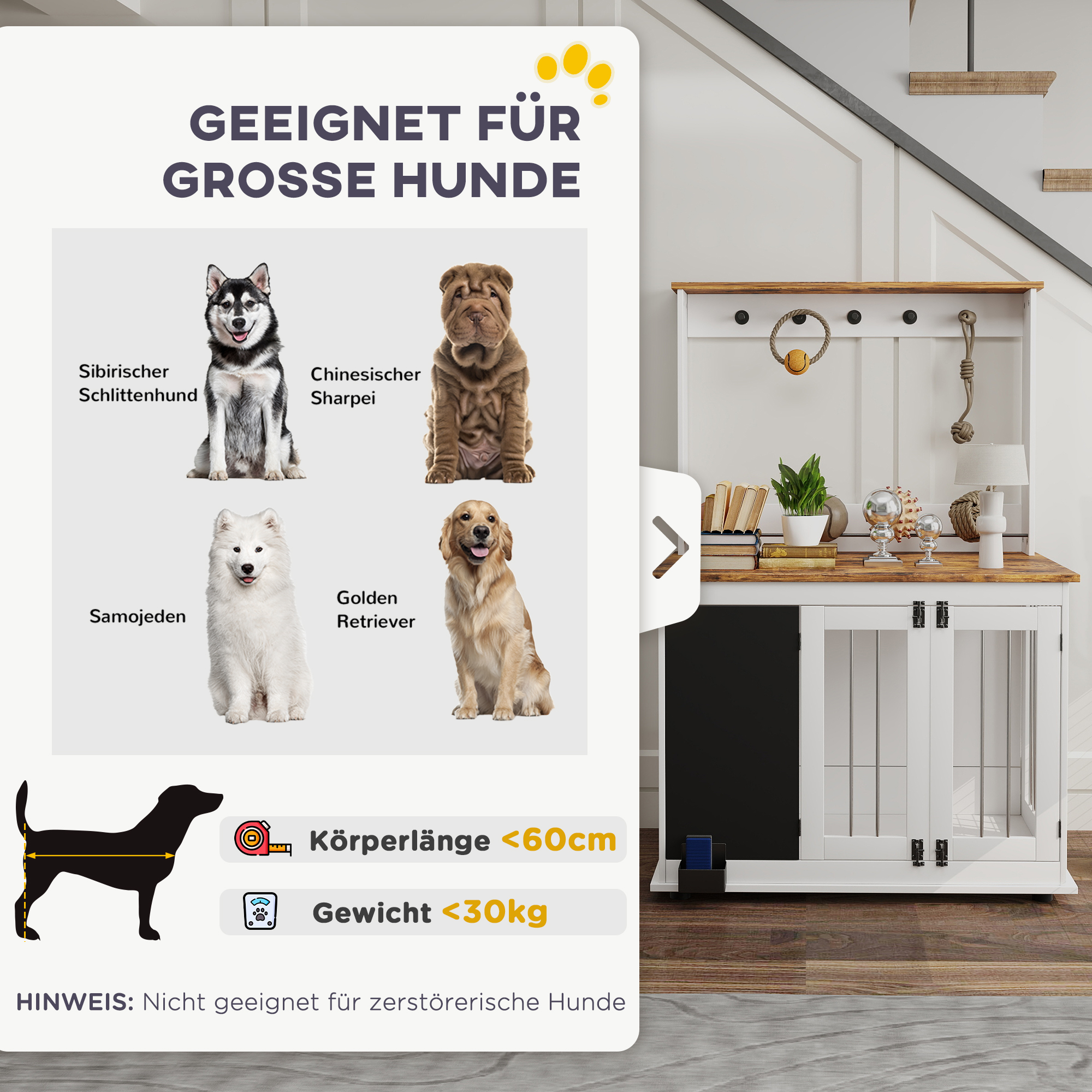 Hundebox mit Aufbewahrungsregal für Spielzeug, Haken für Leinen, Schreibtafel, Radiergummi, für große Hunde, Weiß