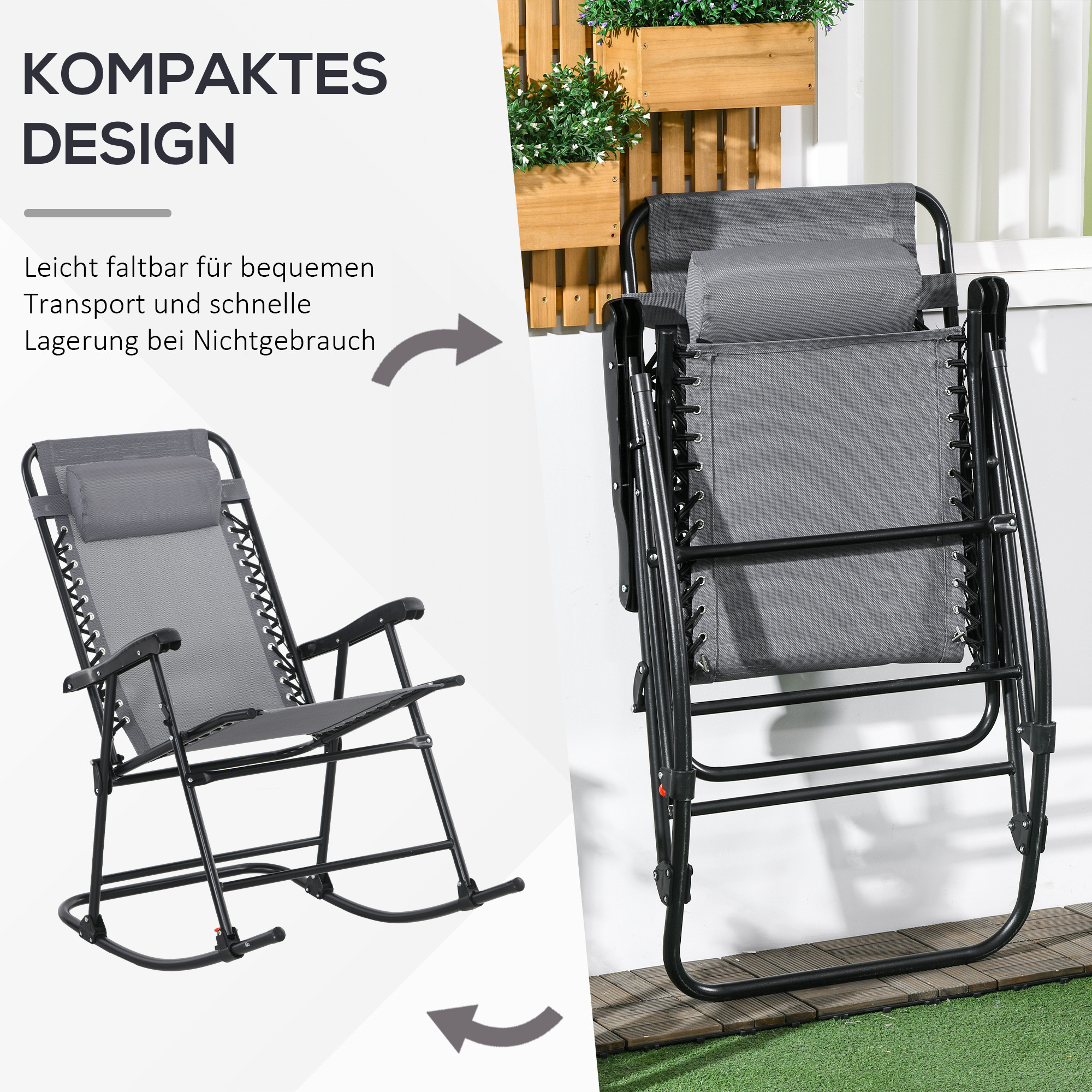 Outdoor Schaukelstuhl, wetterfest, klappbar, mit Kopfkissen, bis 120 kg, Hellgrau