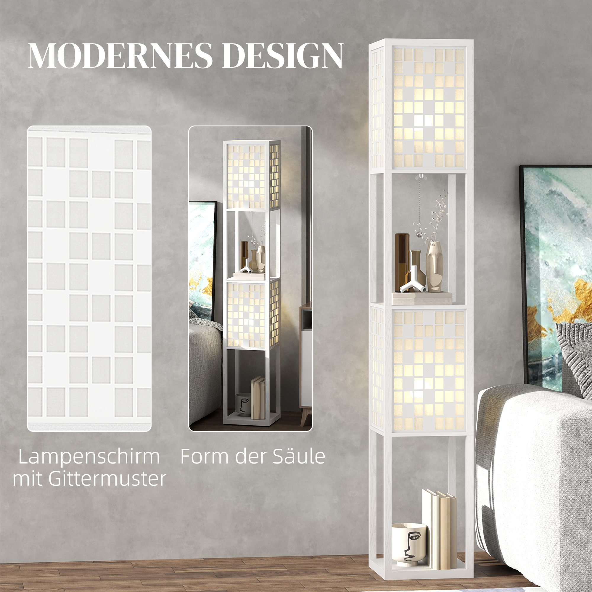 Stehlampe, Gittermuster, 2-Ebenen-Regale, für verschiedene Glühbirnen, Weiß